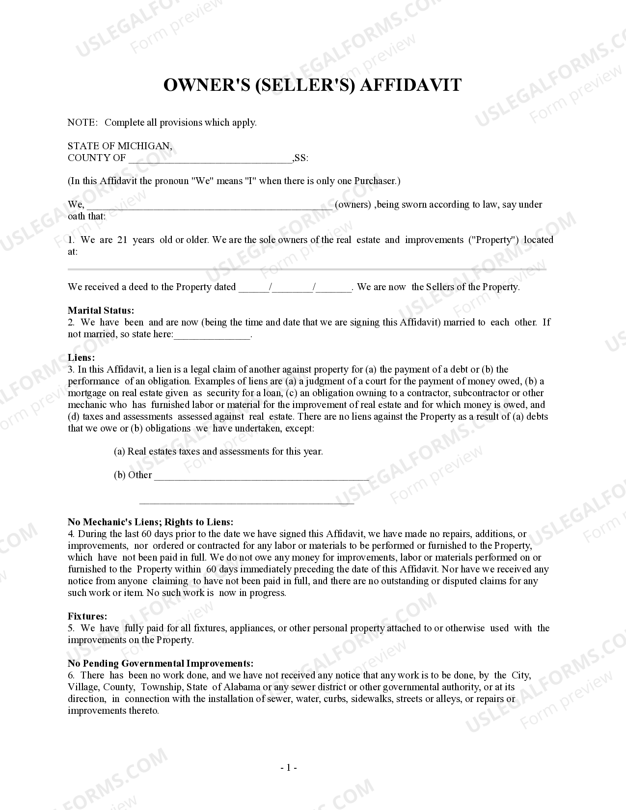 Michigan Owner's or Seller's Affidavit of No Liens Owner's Affidavit