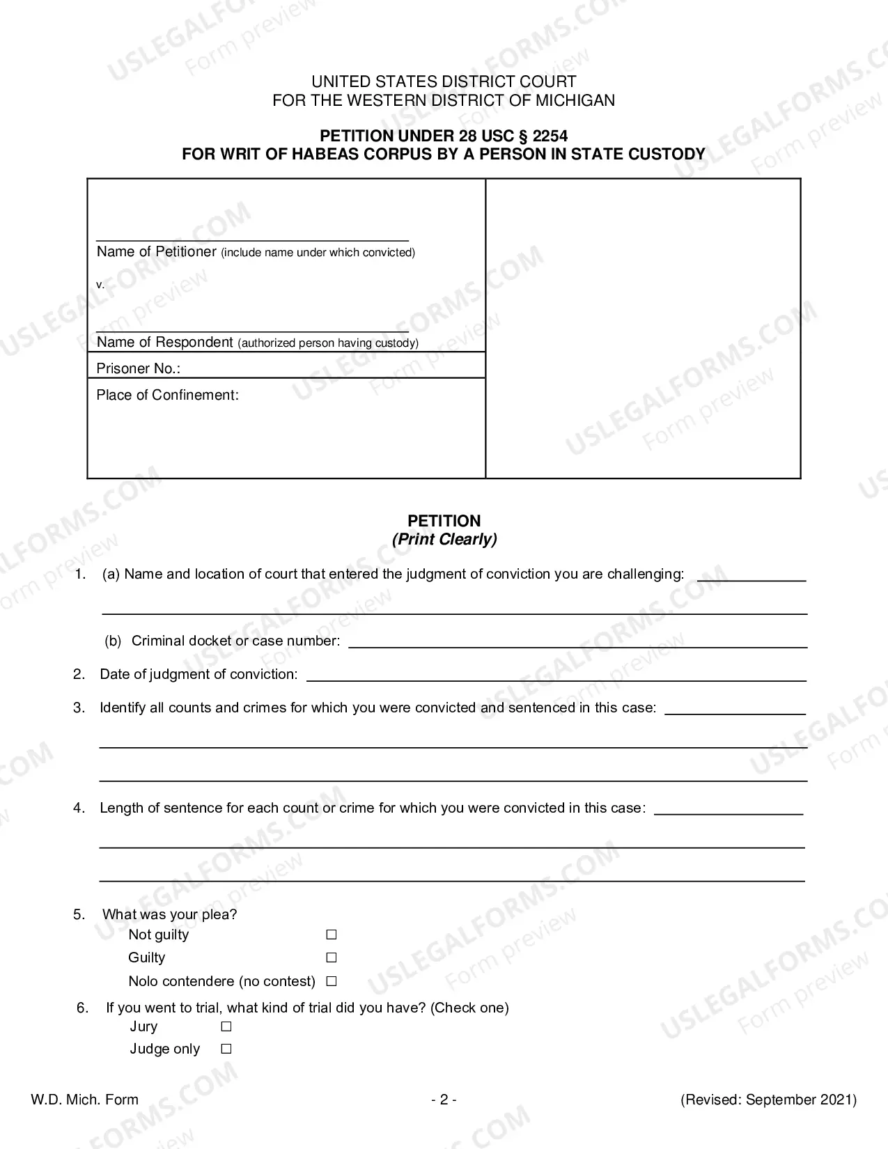 Preview Petition For Relief From A Conviction Or Sentence (28 USC 2254)