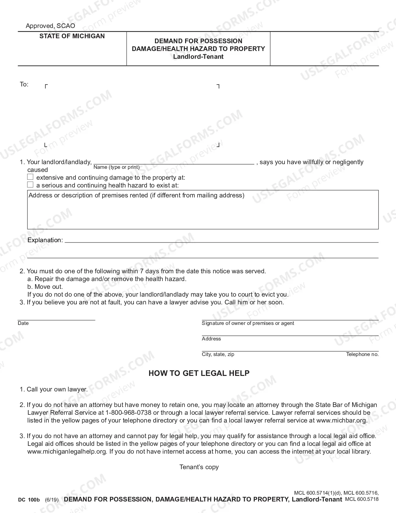 Preview Demand for Possession, Damage/Health Hazard to Property, Landlord-Tenant