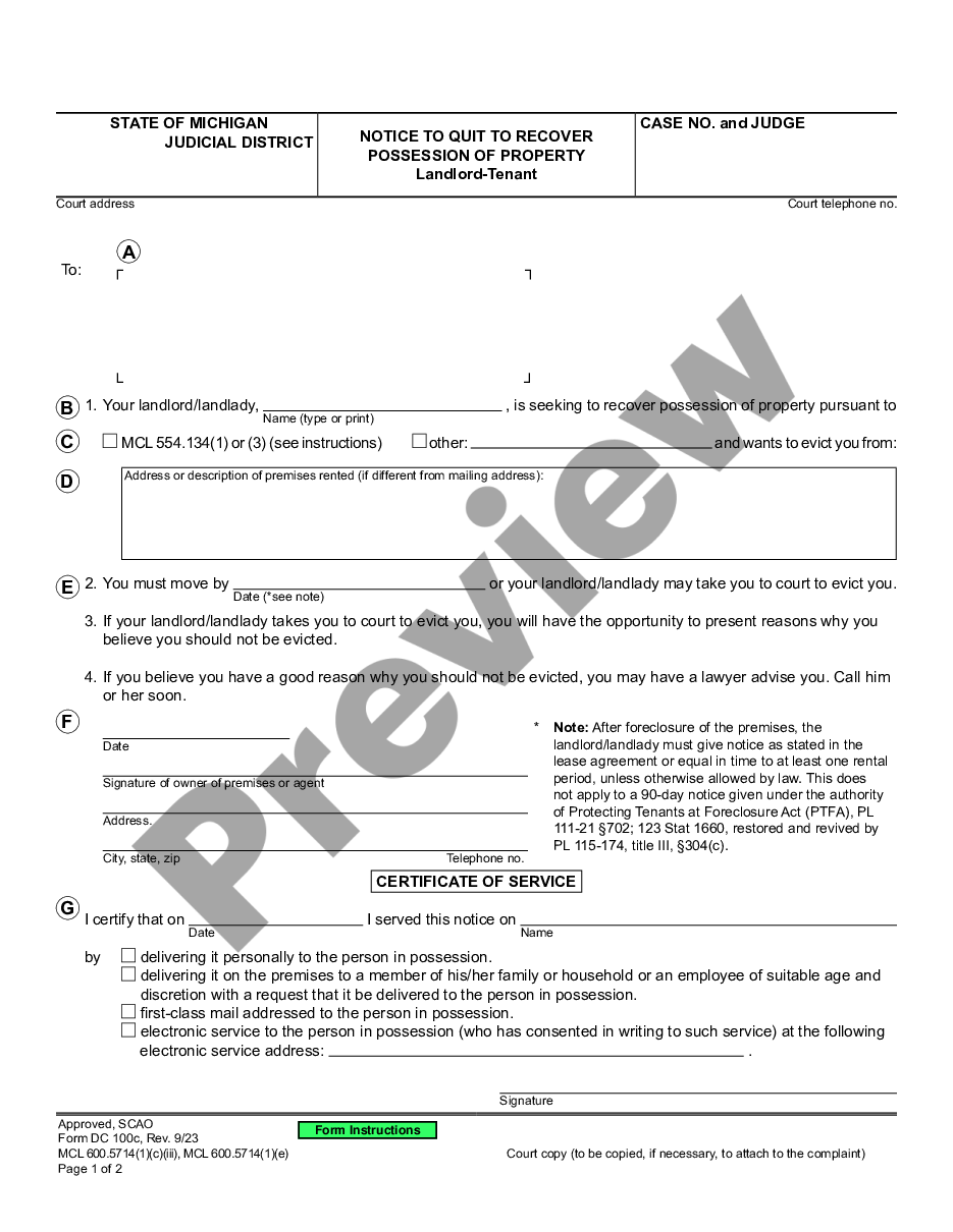 page 0 Notice to Quit - Termination of Tenancy Landlord - Tenant preview