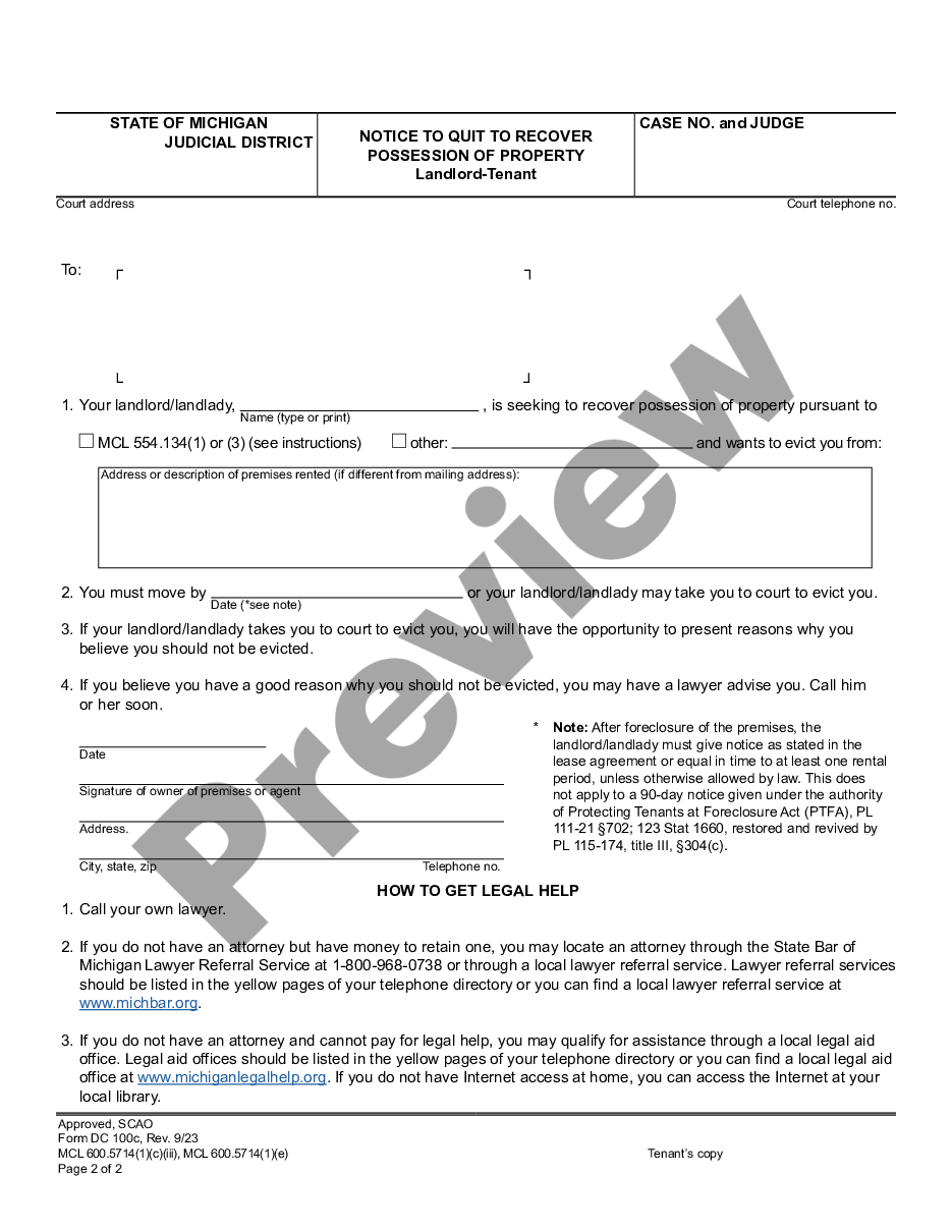 page 1 Notice to Quit - Termination of Tenancy Landlord - Tenant preview