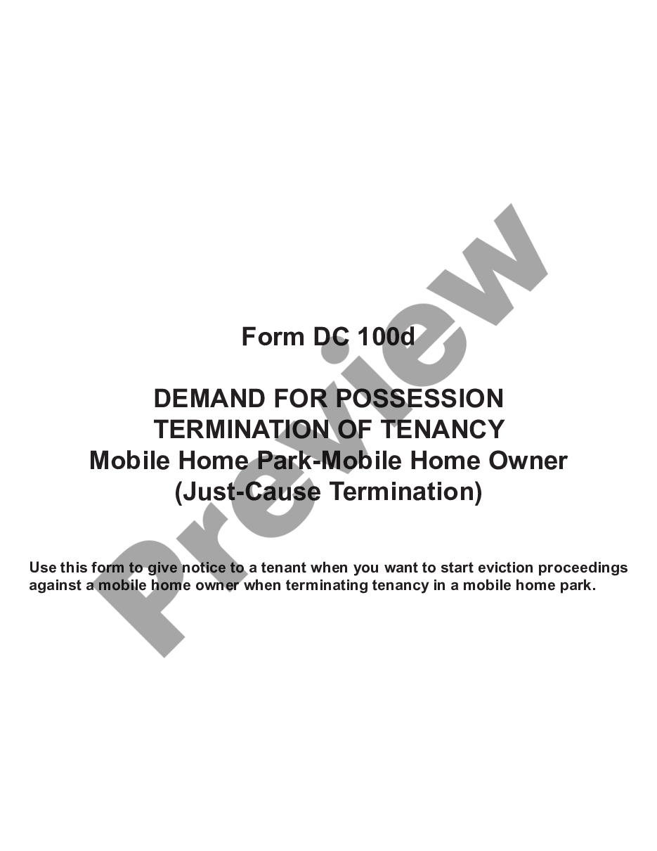 page 0 Notice to Quit - Termination of Tenancy Mobile Home Park - Mobile Home Owner - Just Cause Termination preview