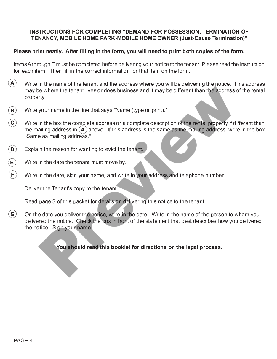 page 3 Notice to Quit - Termination of Tenancy Mobile Home Park - Mobile Home Owner - Just Cause Termination preview