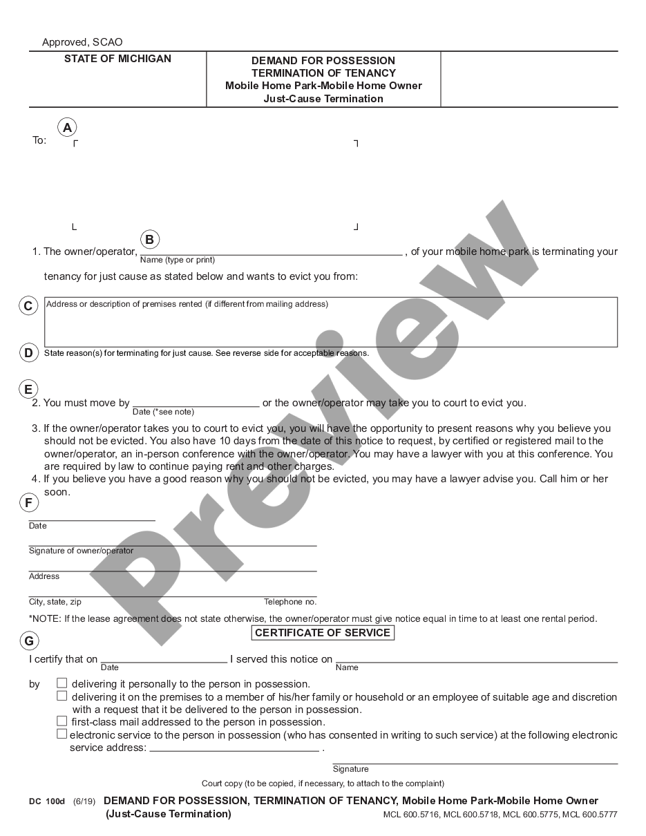 page 4 Notice to Quit - Termination of Tenancy Mobile Home Park - Mobile Home Owner - Just Cause Termination preview