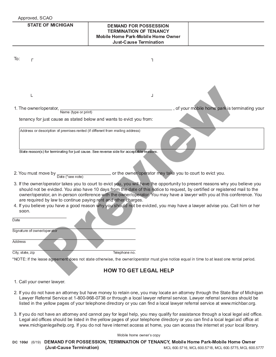 page 5 Notice to Quit - Termination of Tenancy Mobile Home Park - Mobile Home Owner - Just Cause Termination preview