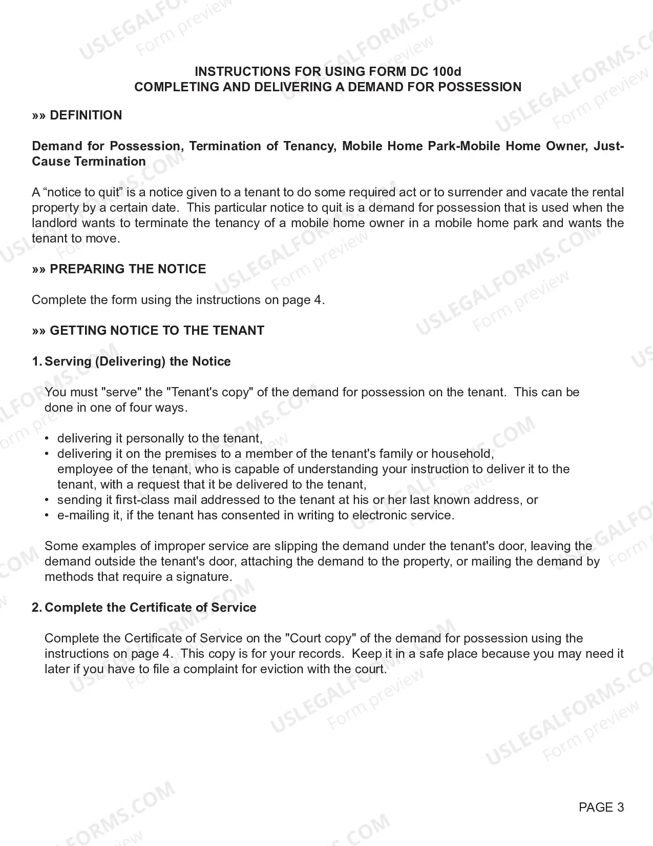 Preview Demand for Possession, Termination of Tenancy, Mobile Home Park - Mobile Home Owner (Just-Cause Termination)