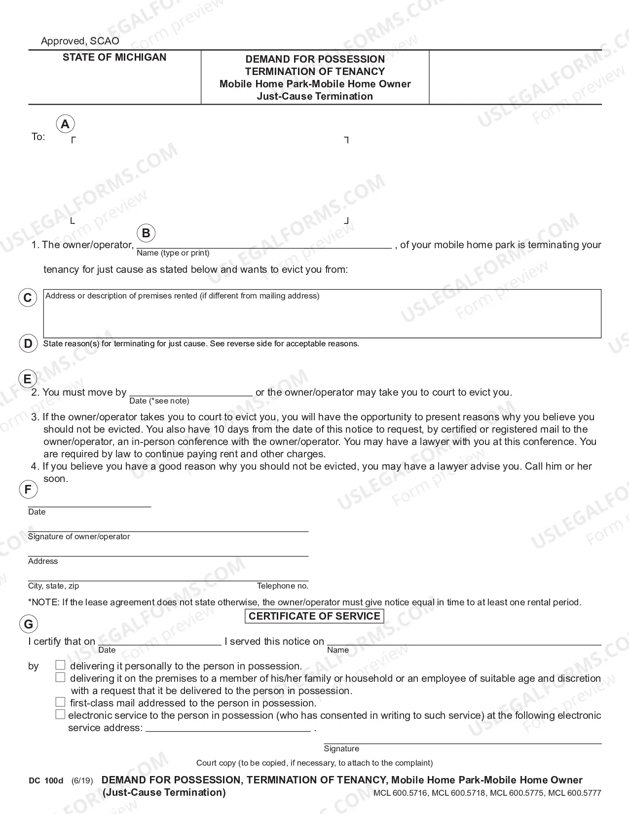 Preview Demand for Possession, Termination of Tenancy, Mobile Home Park - Mobile Home Owner (Just-Cause Termination)