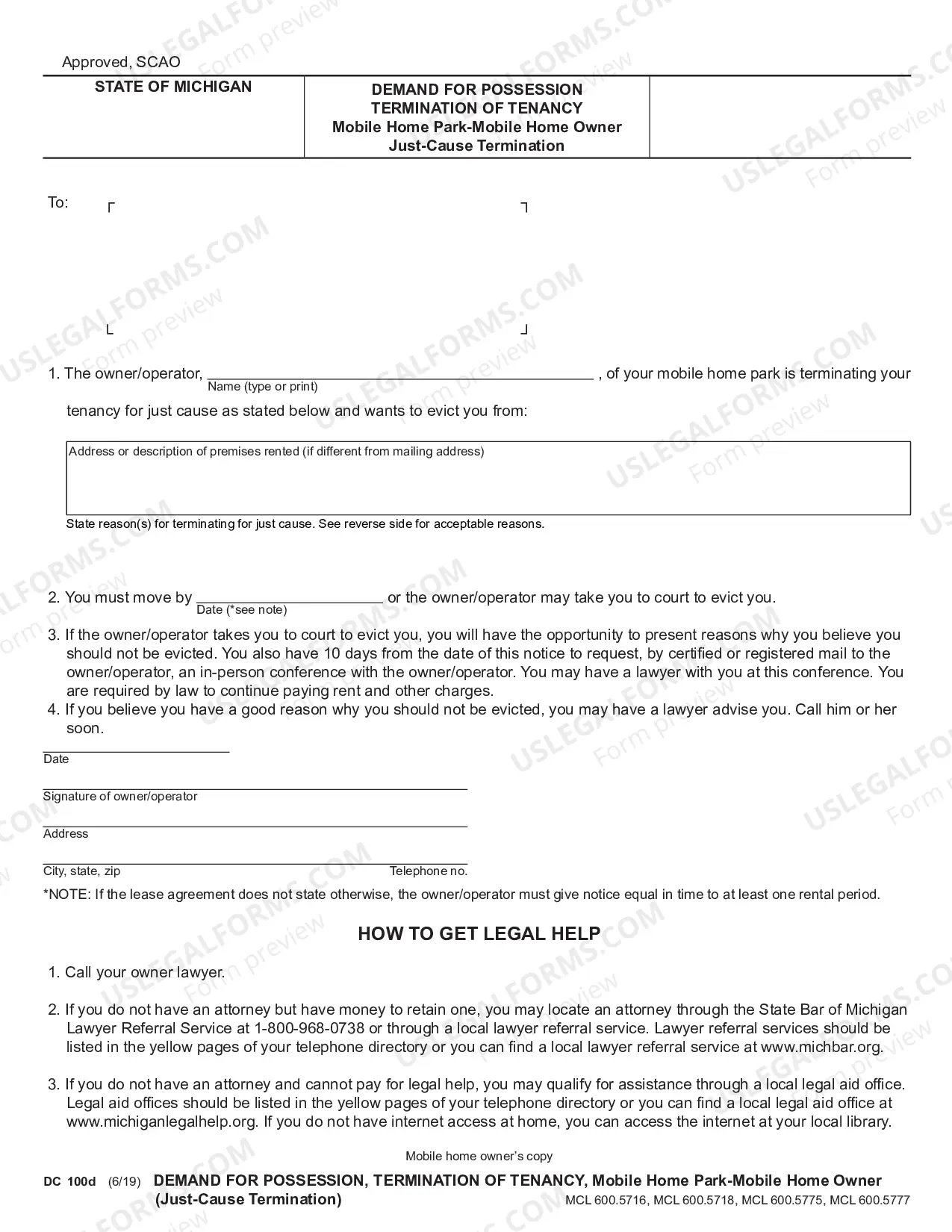 Preview Demand for Possession, Termination of Tenancy, Mobile Home Park - Mobile Home Owner (Just-Cause Termination)
