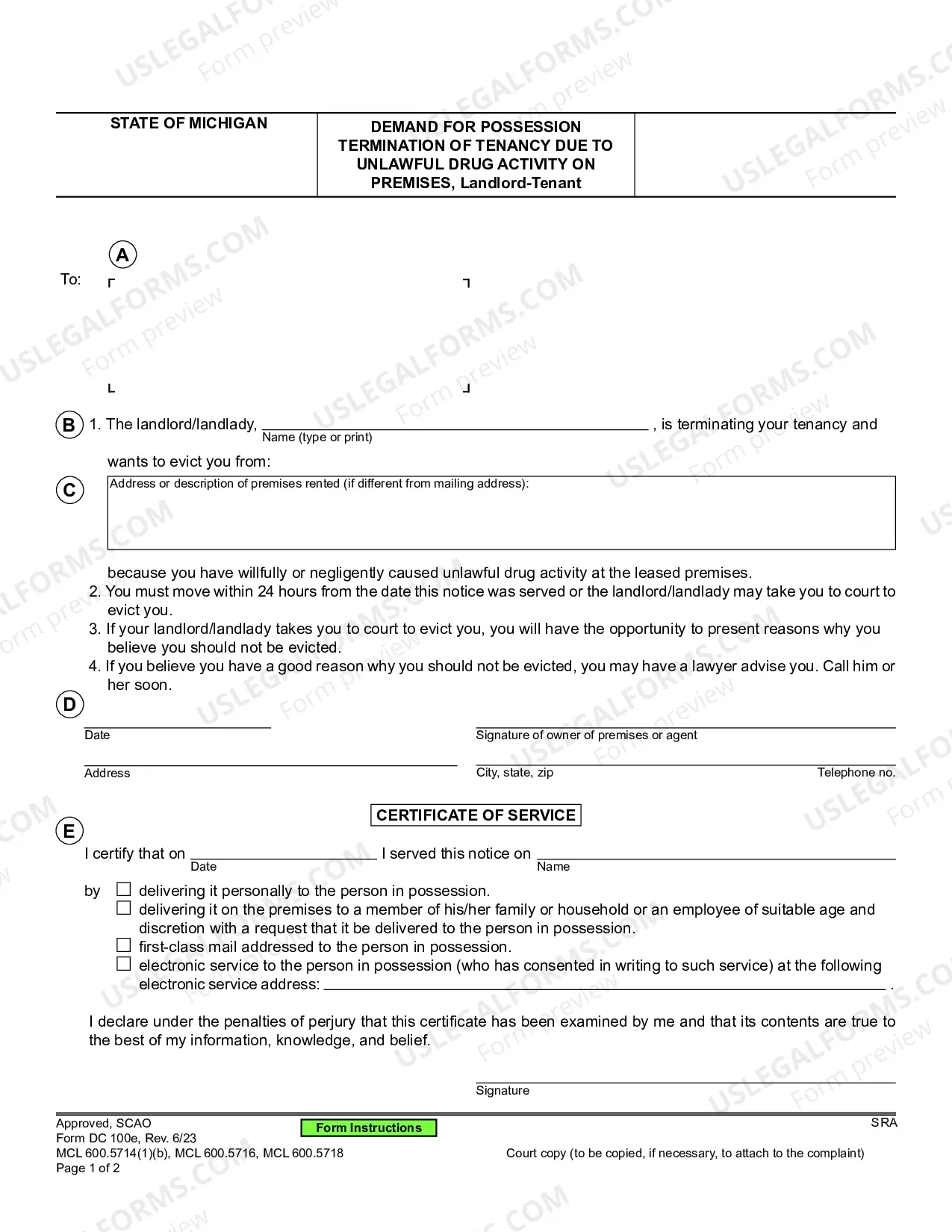 Preview Demand for Possession, Termination of Tenancy Due to Unlawful Drug Activity on Premises, Landlord-Tenant