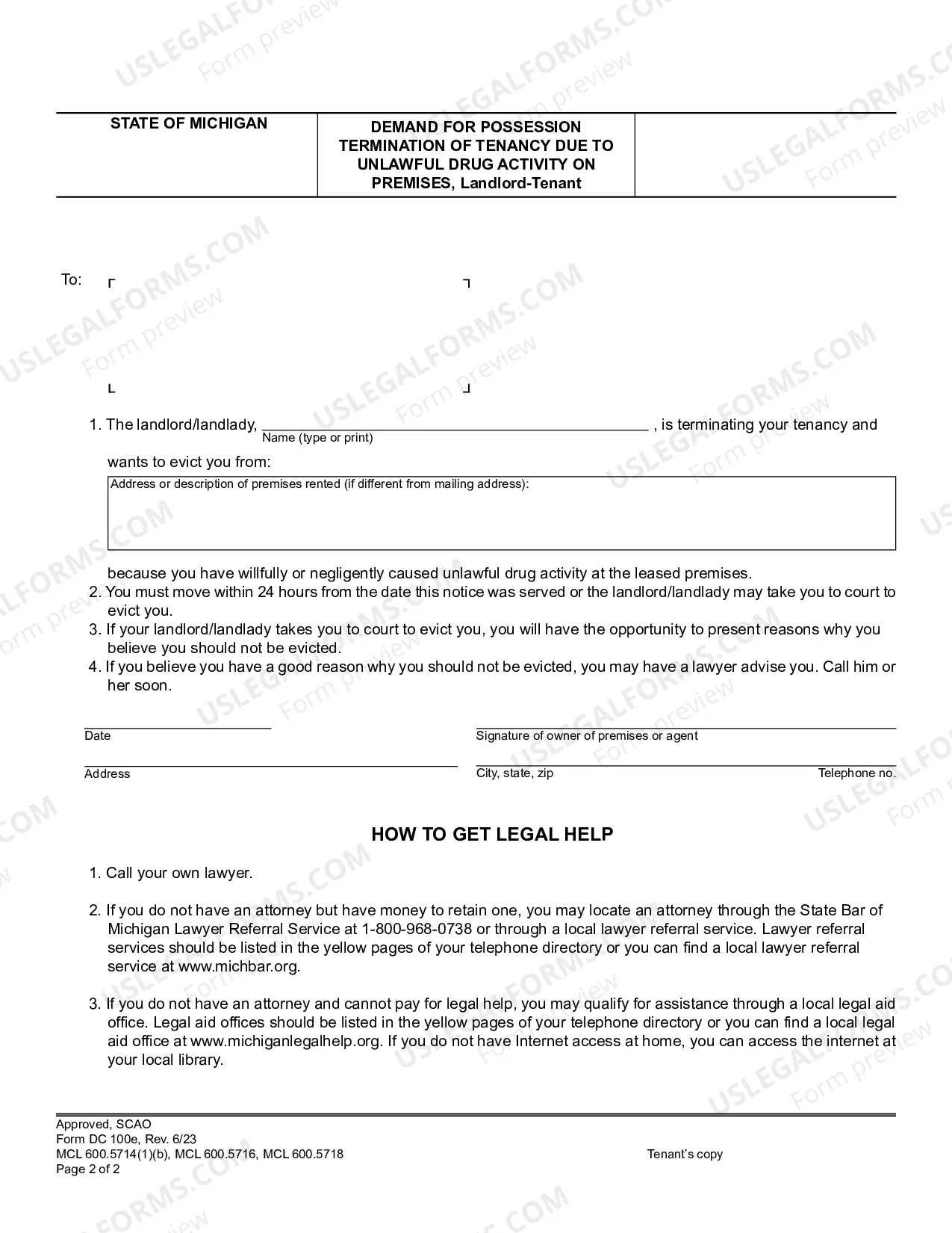 Preview Demand for Possession, Termination of Tenancy Due to Unlawful Drug Activity on Premises, Landlord-Tenant