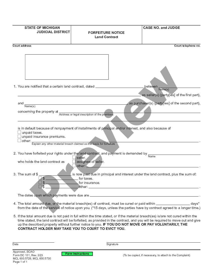 Michigan Forfeiture Notice, Land Contract Land Contract Forfeiture