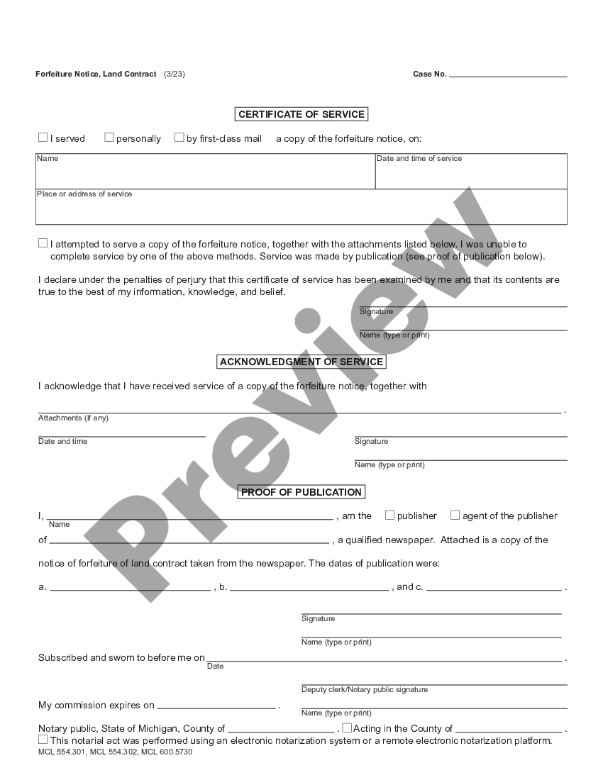 Michigan Forfeiture Notice Land Contract Land Contract Forfeiture Notice Michigan Us Legal 1879