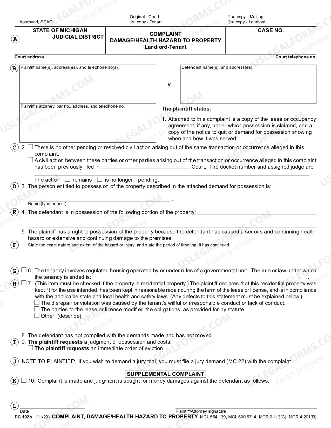 Preview Complaint, Health Hazard, Injury to Premises, Landlord - Tenant