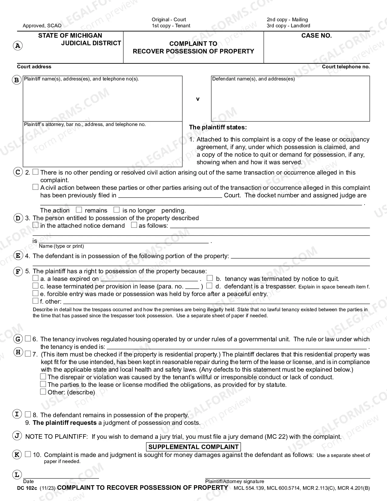 Preview Complaint to Recover Possession of Property