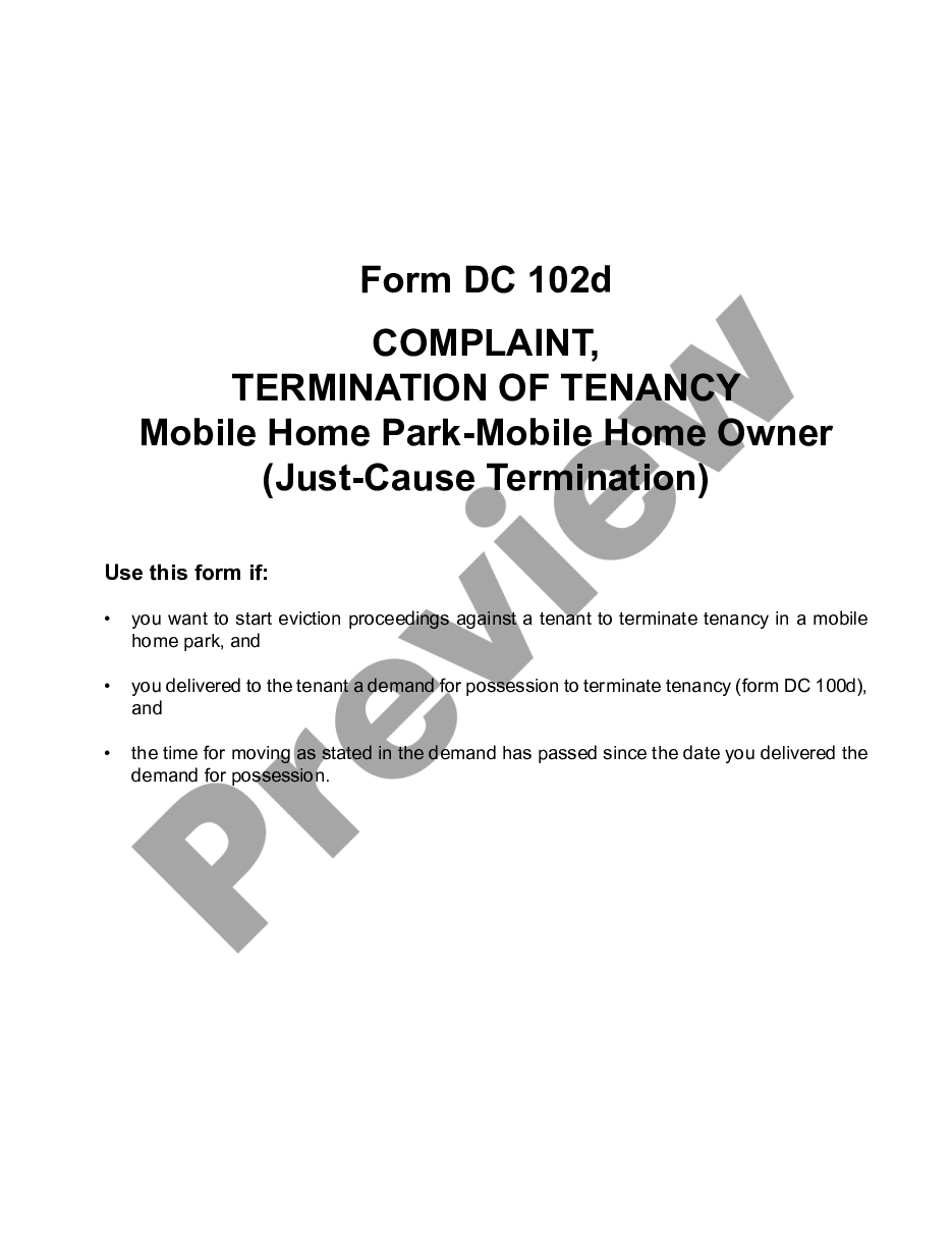 page 0 Complaint, Termination of Tenancy, Mobile Home Park - Mobile Home Owner - Just Cause Termination preview