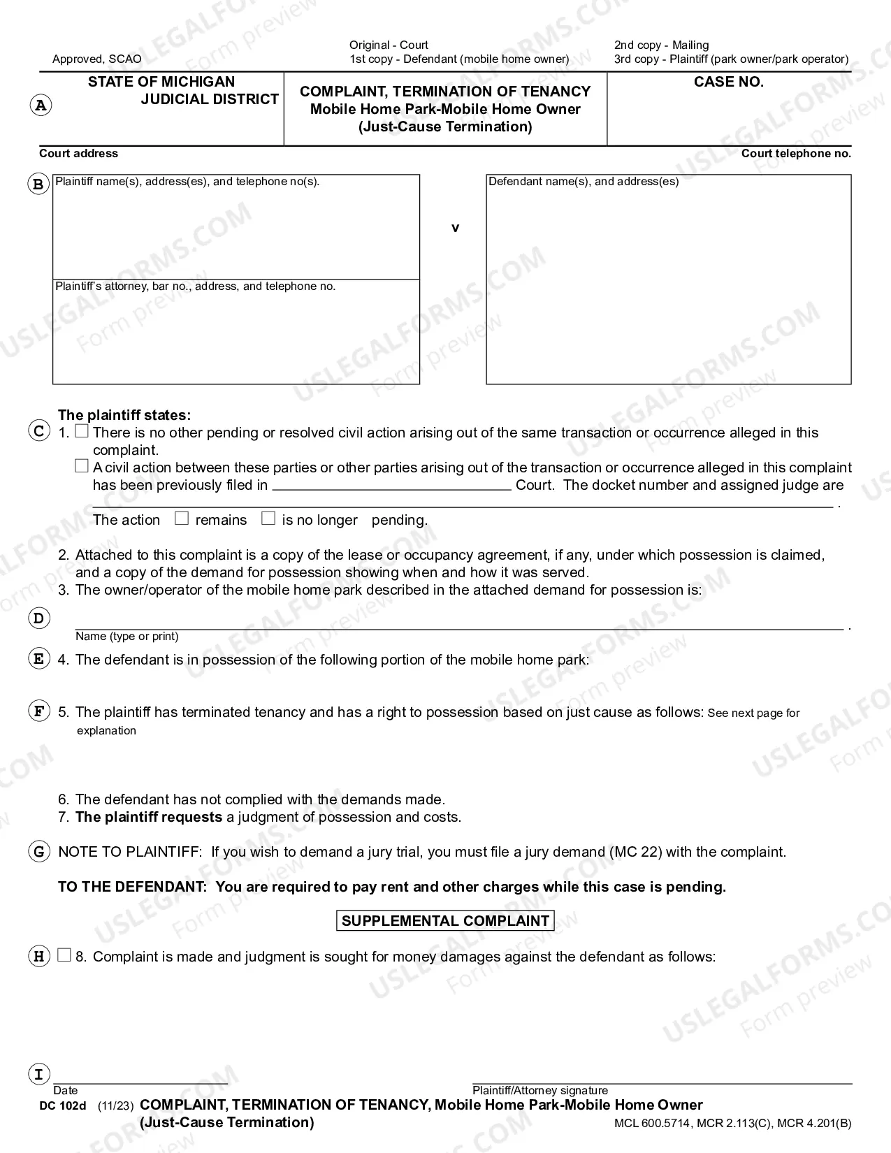 Preview Complaint, Termination of Tenancy, Mobile Home Park - Mobile Home Owner - Just Cause Termination