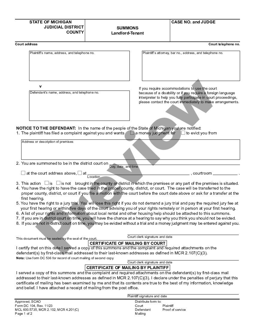 Michigan Summons Landlord Tenant Land Contract Dc 104 US Legal