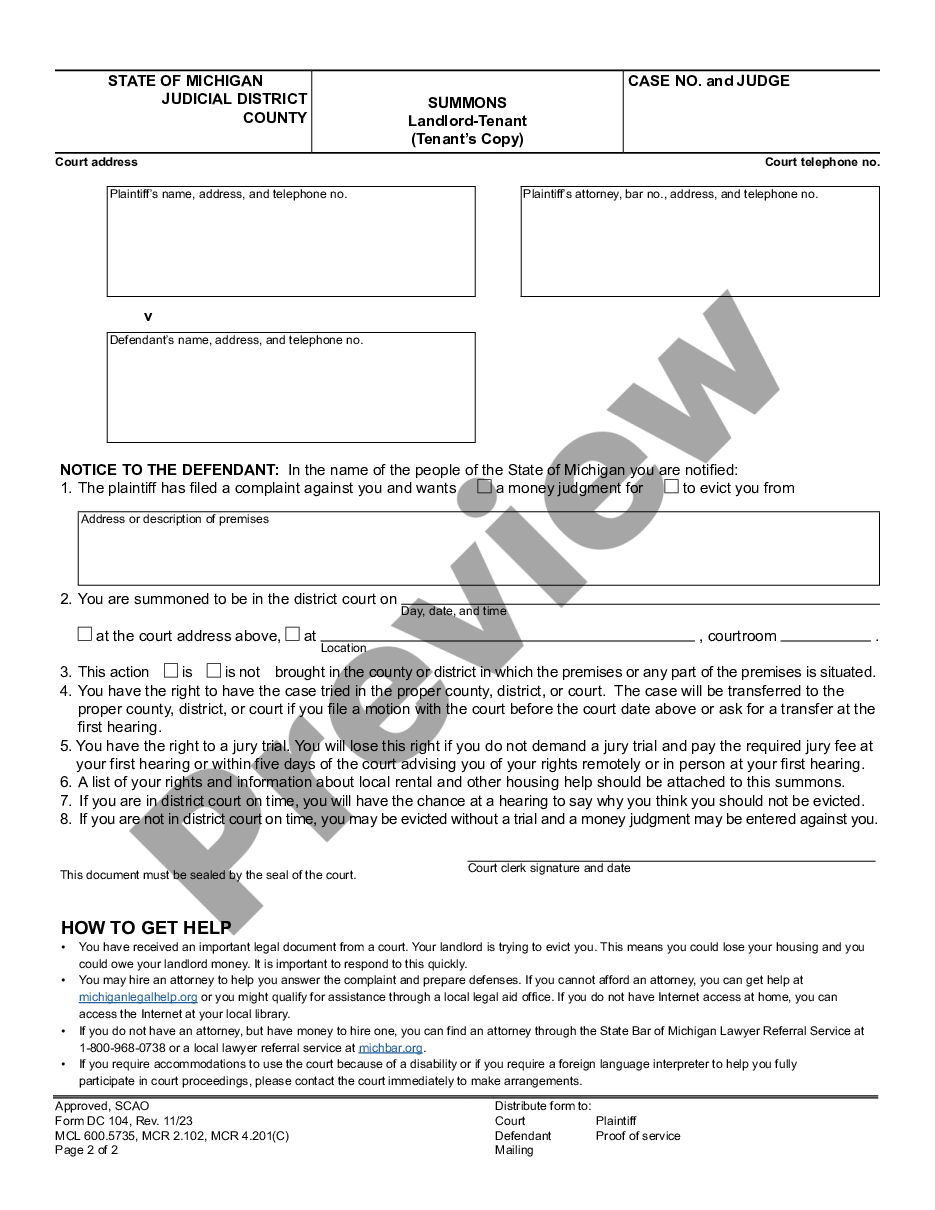 page 1 Summons, Landlord - Tenant - Land Contract preview