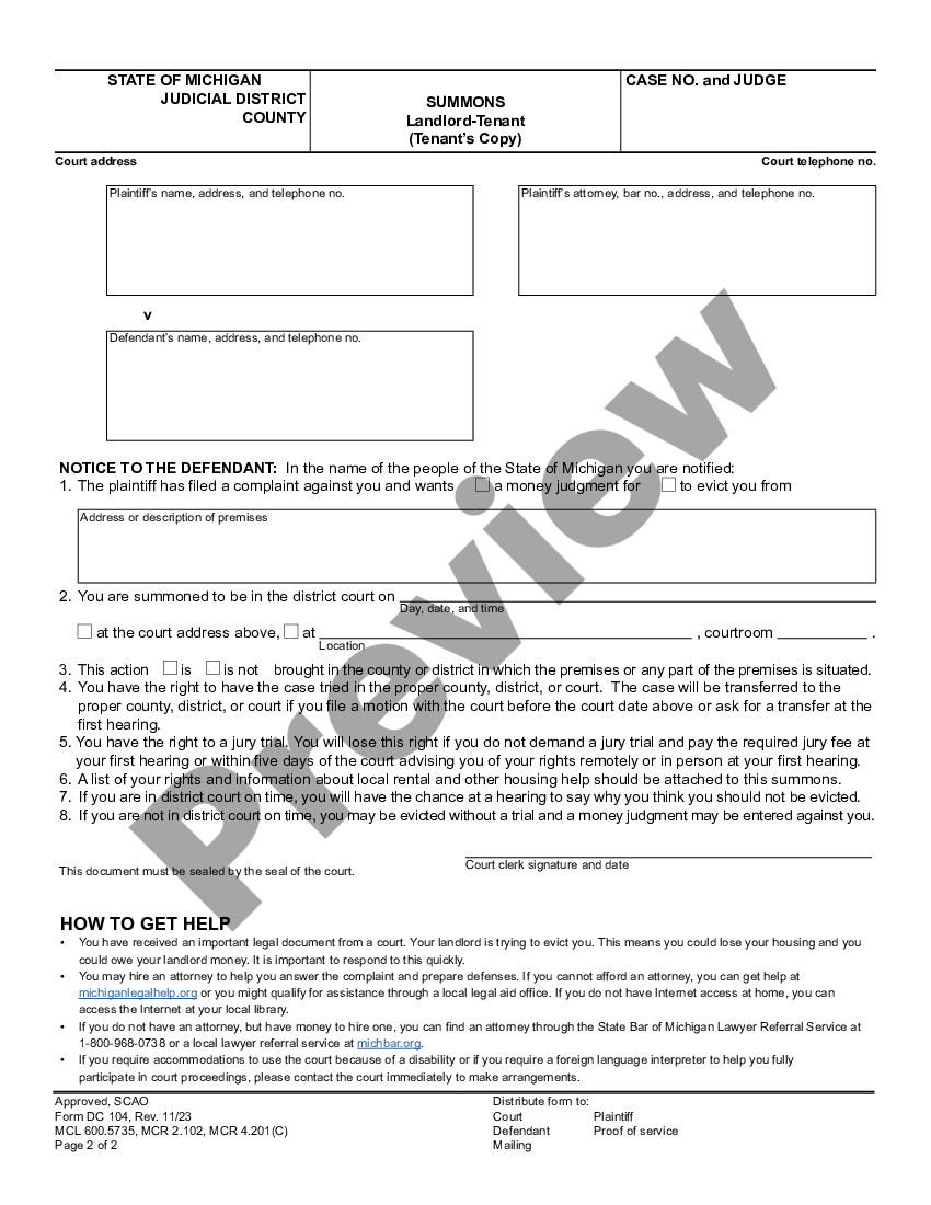 Michigan Summons Landlord Tenant Land Contract Dc 104 Us Legal Forms 5592