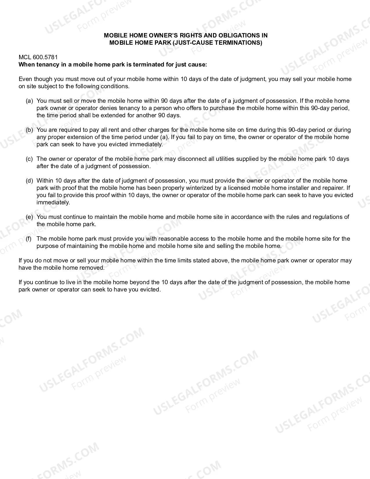 Preview Judgment, Termination of Tenancy, Mobile Home Park - Mobile Home Owner - Just Cause Termination