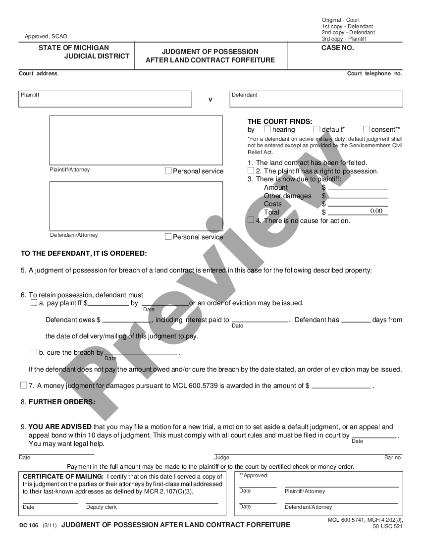 Michigan Judgment of Possession After Land Contract Forfeiture