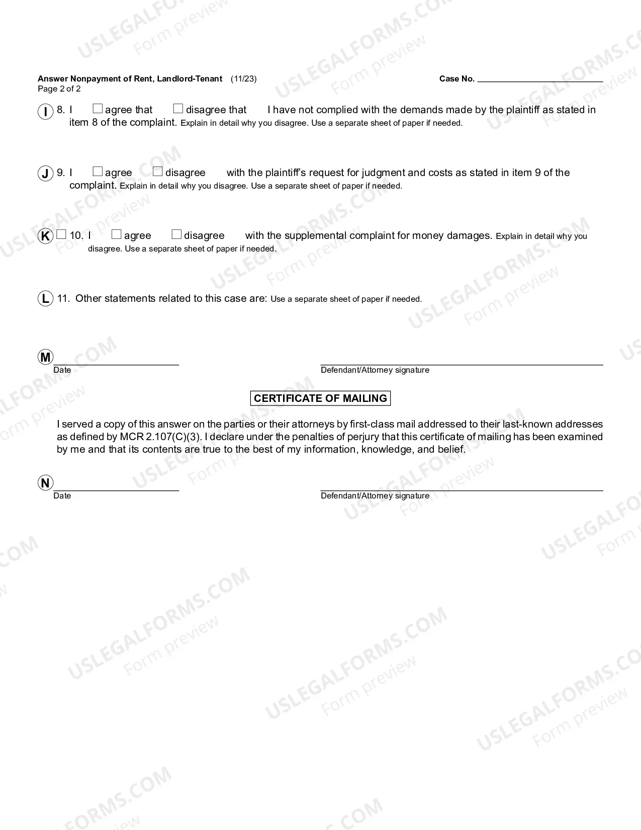 Preview Answer, Nonpayment of Rent, Landlord-Tenant