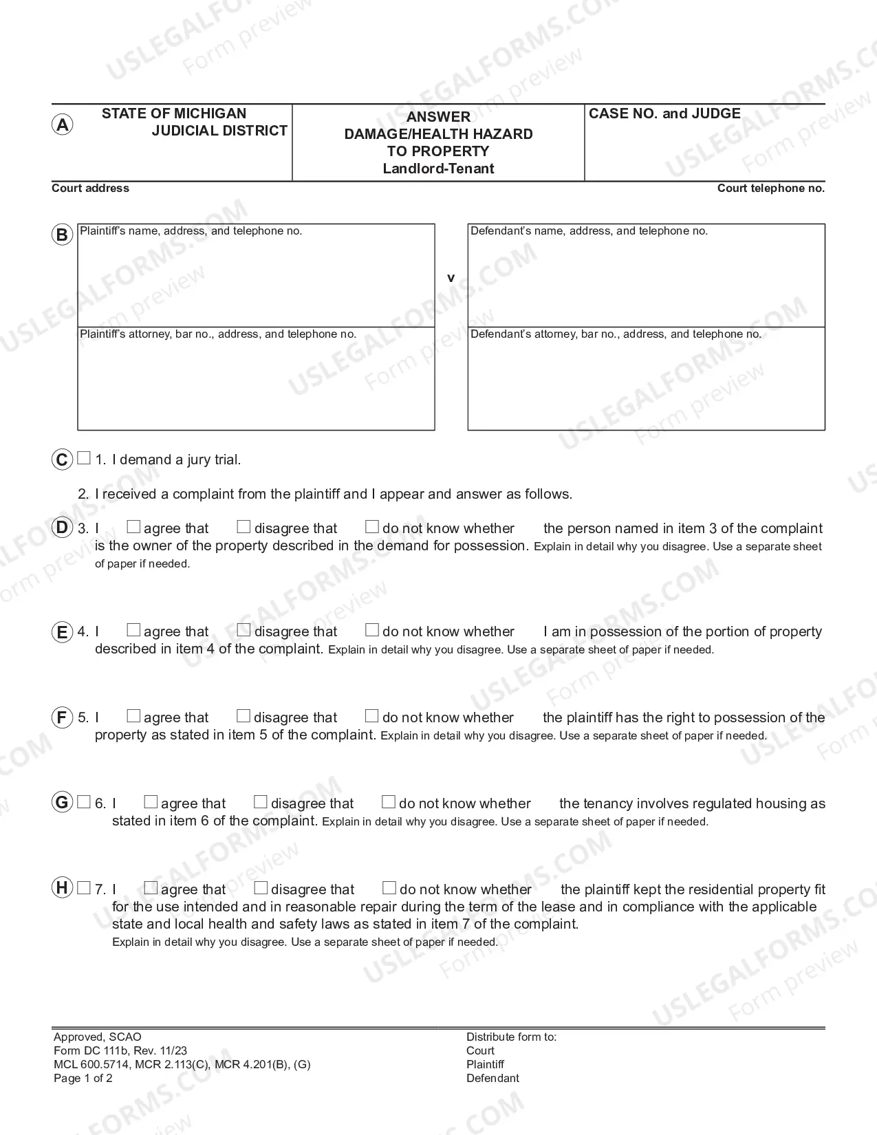 Preview Answer, Damage/Health Hazard to Property, Landlord-Tenant