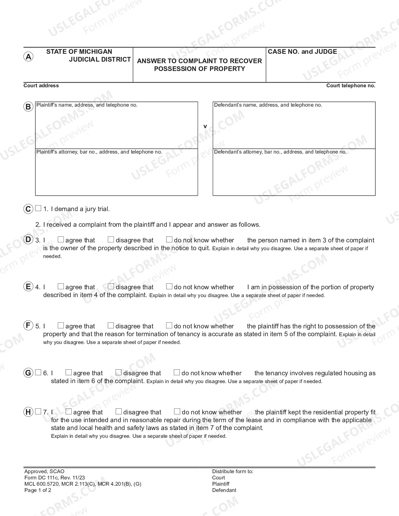 Preview Answer to Complaint to Recover Possession of Property