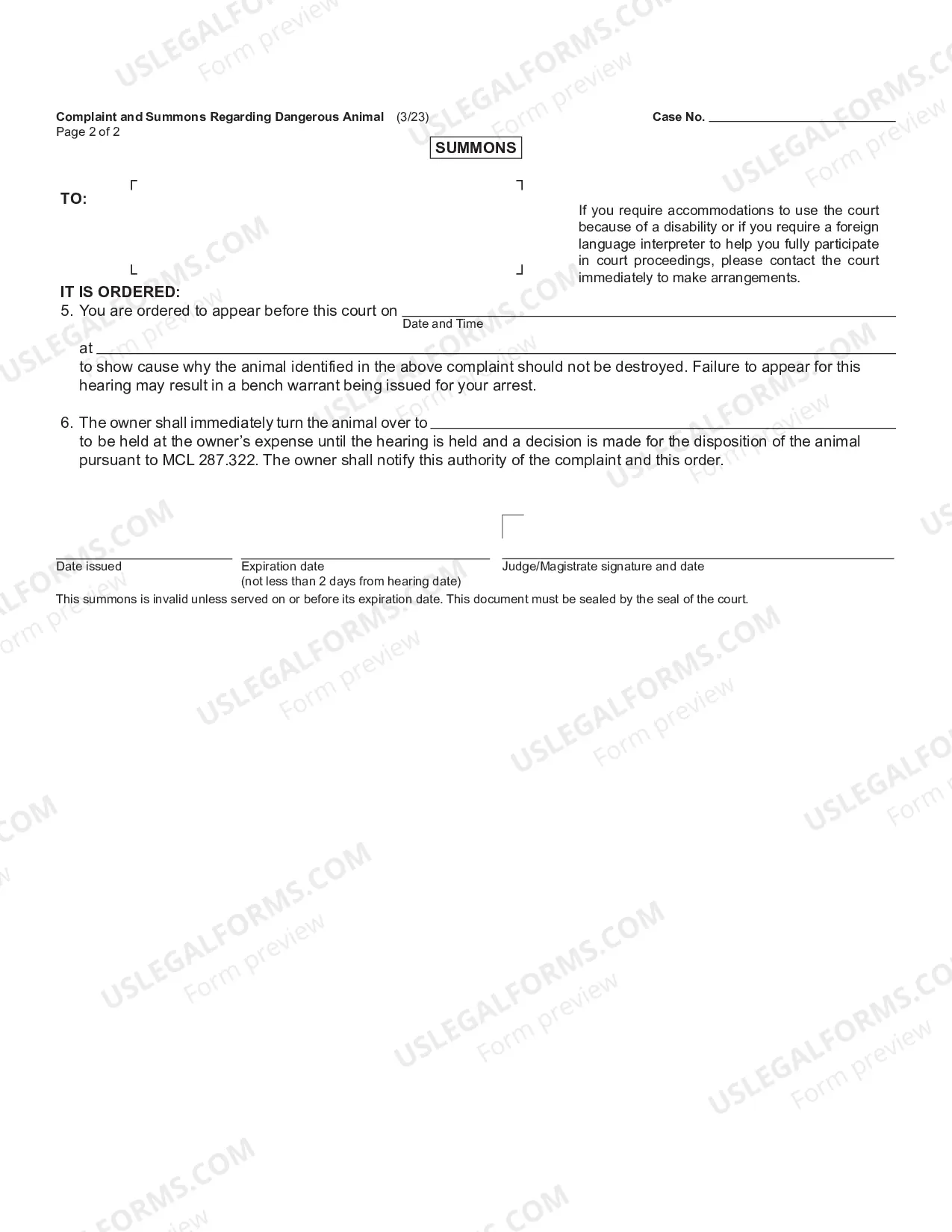 Preview Complaint and Summons Regarding Dangerous Animal