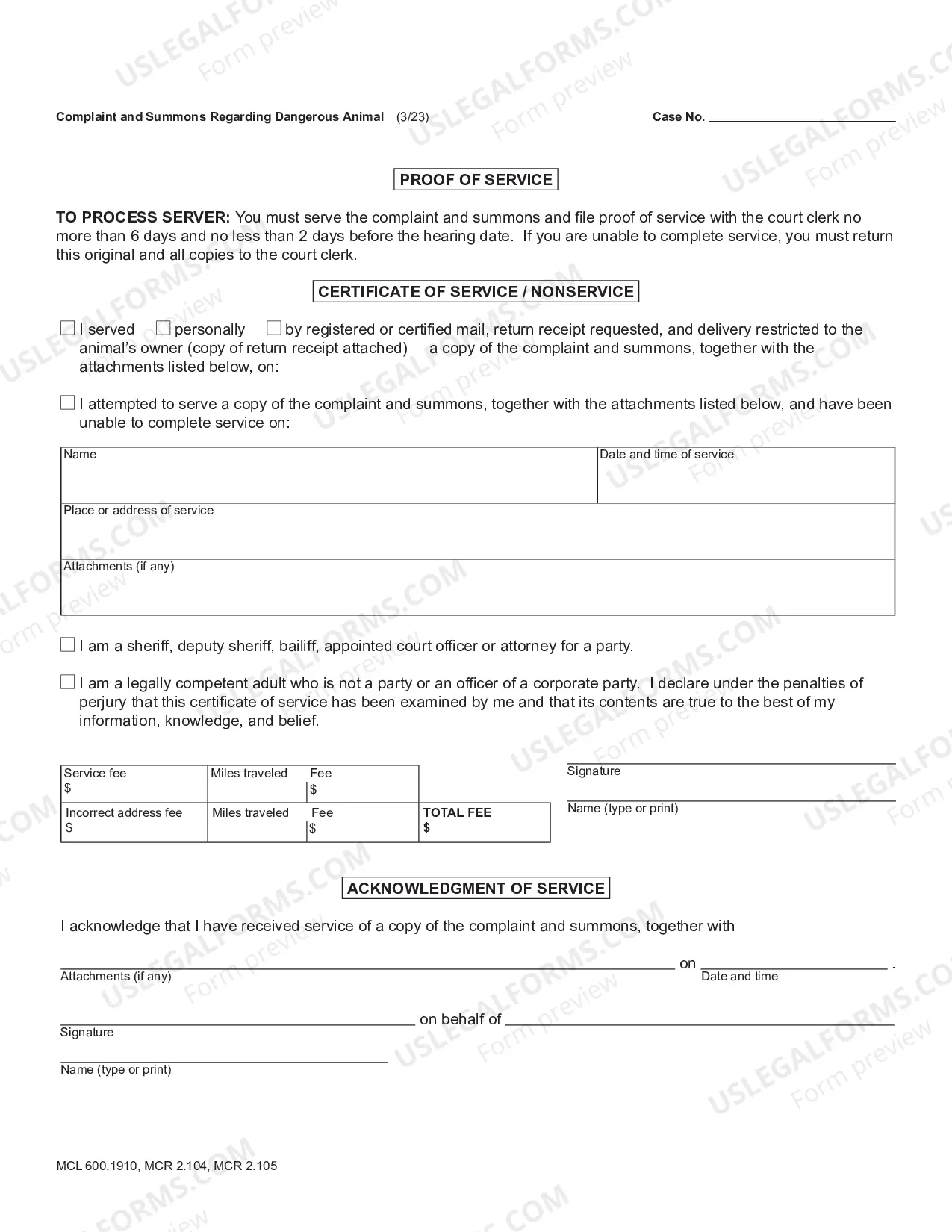 Preview Complaint and Summons Regarding Dangerous Animal