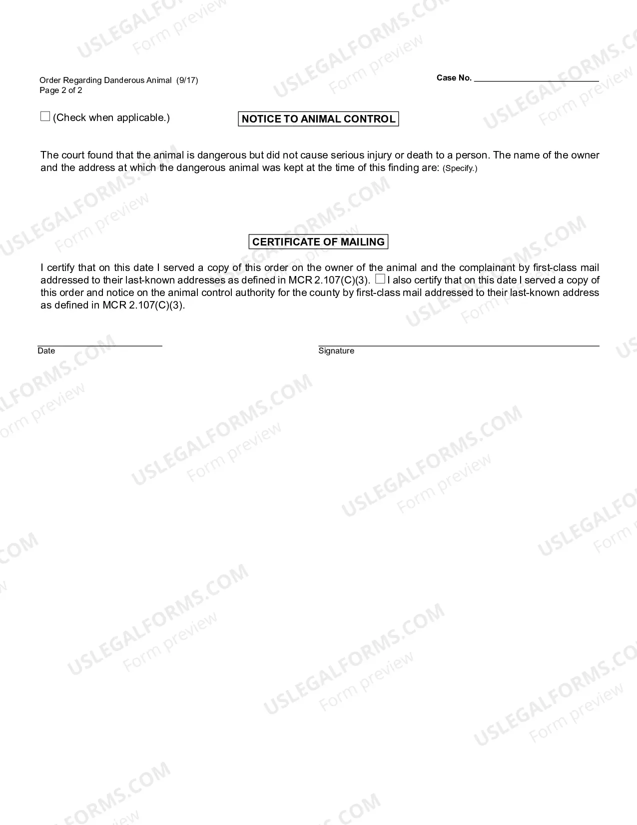 Preview Order Regarding Dangerous Animal