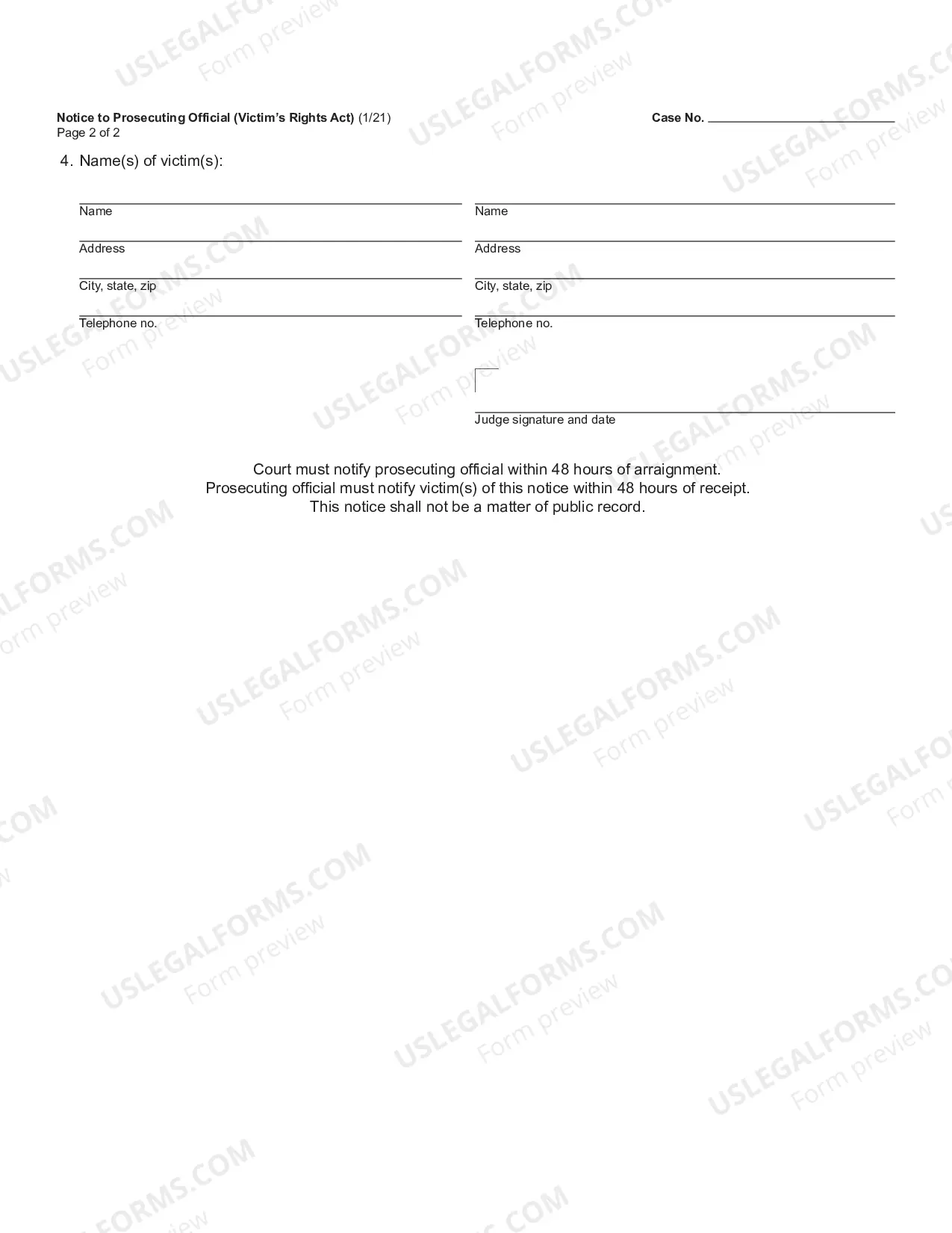 Preview Notice to Prosecuting Official (Victim's Rights Act)