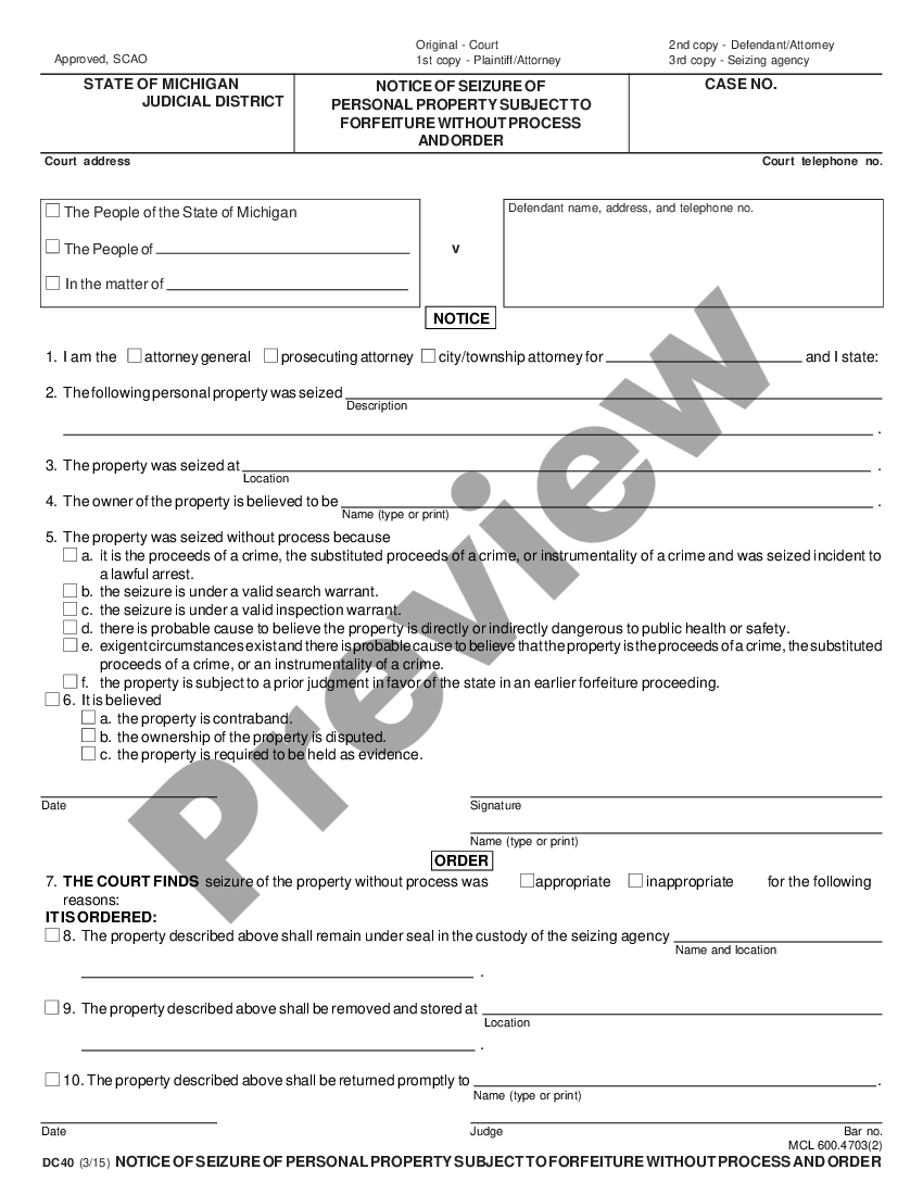 Michigan Notice of Seizure of Personal Property Subject to Forfeiture