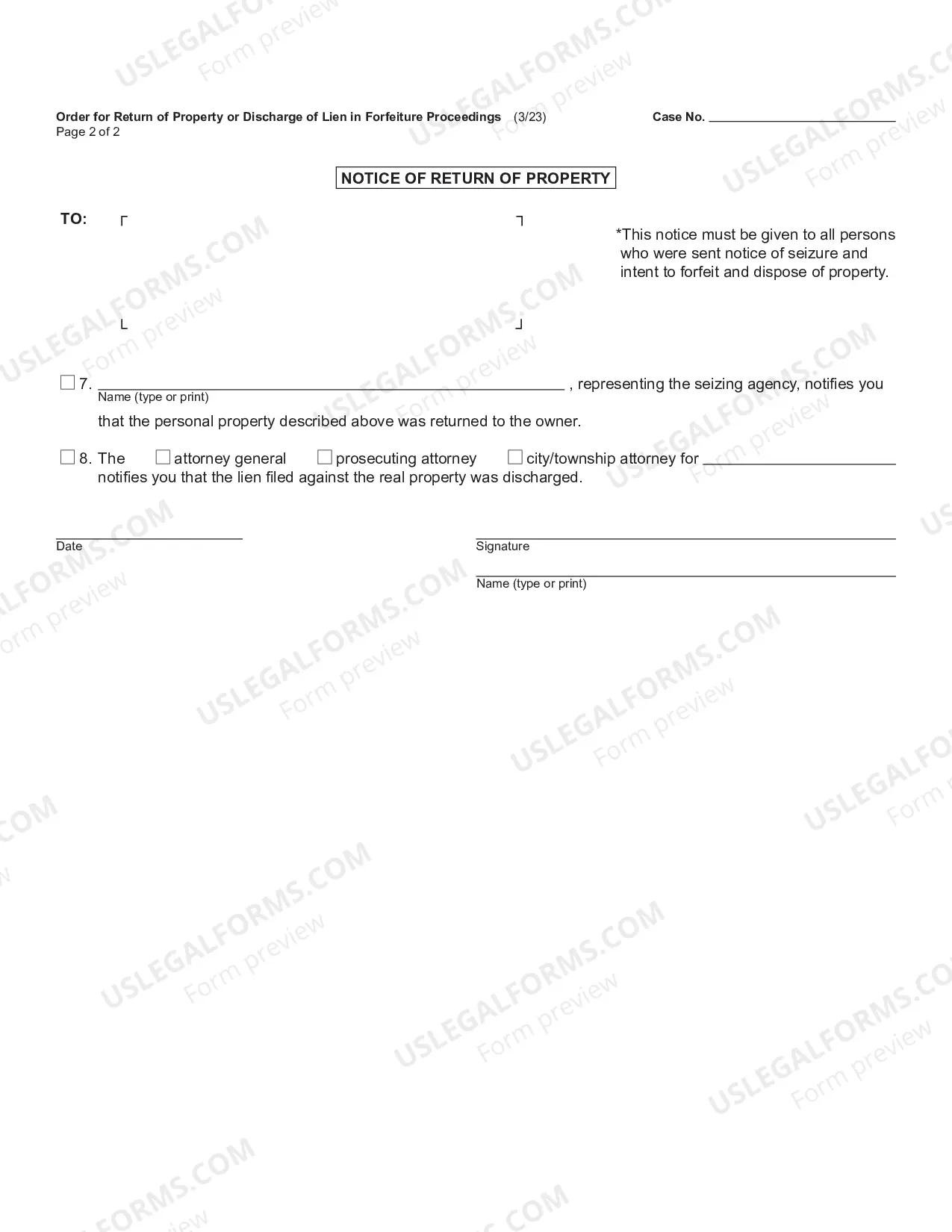 Preview Order For Return of Property Or Discharge Of Lien In Forfeiture Proceedings