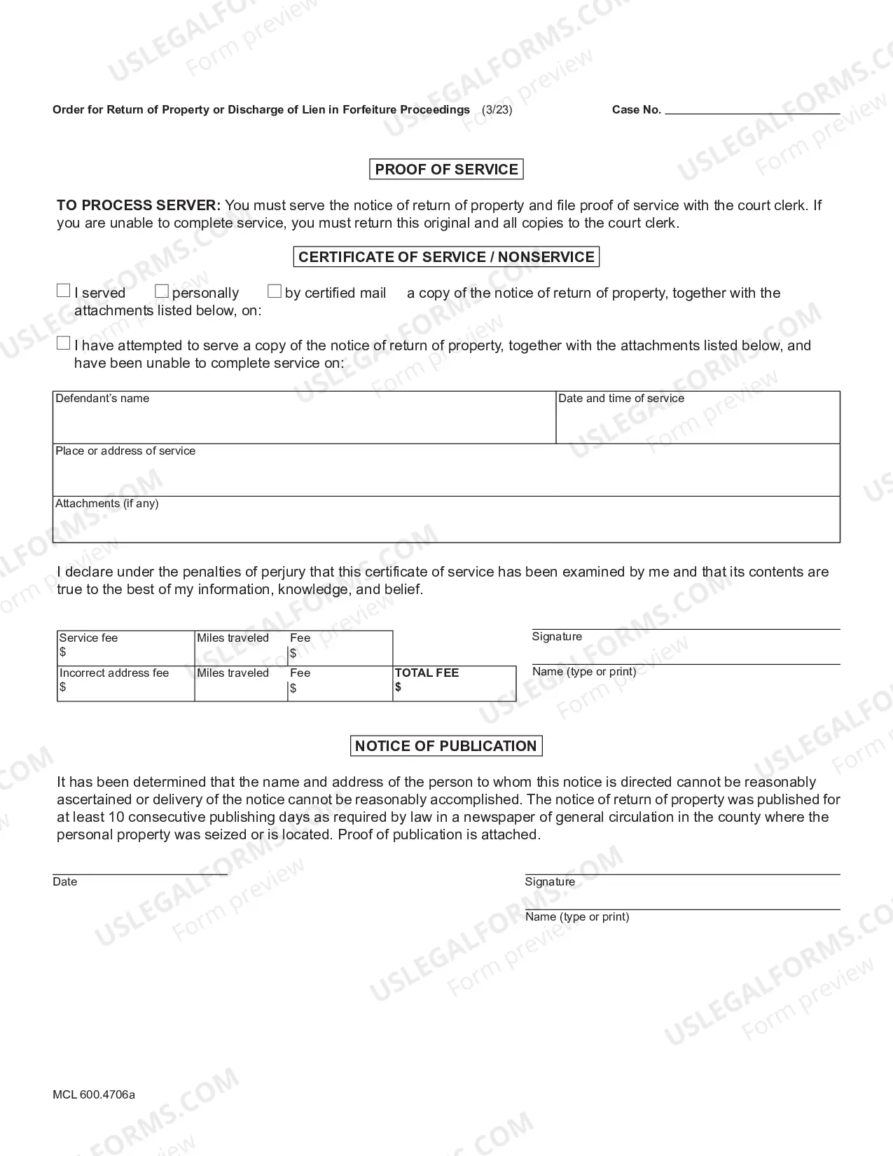Preview Order For Return of Property Or Discharge Of Lien In Forfeiture Proceedings