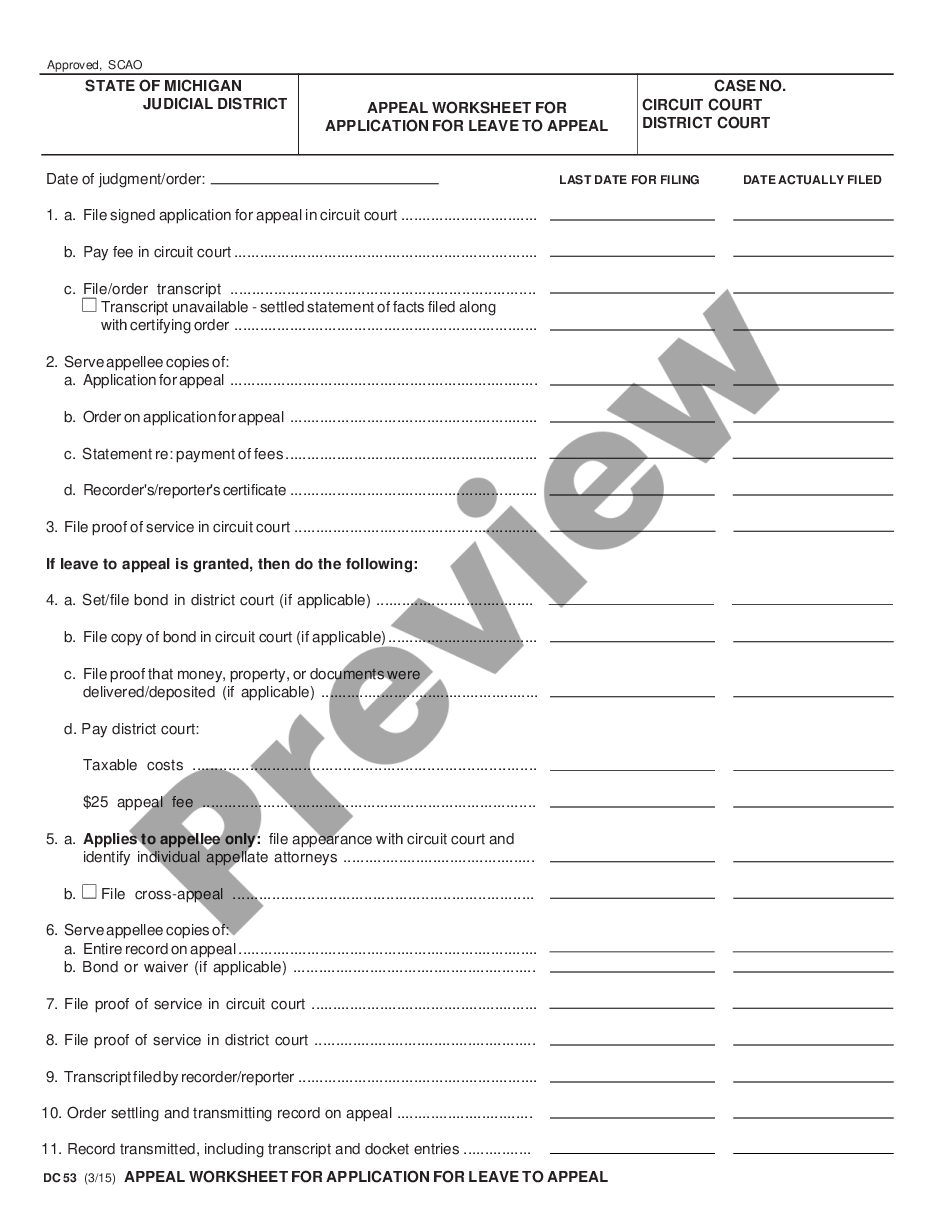 page 0 Appeal Worksheet for Application for Leave to Appeal preview