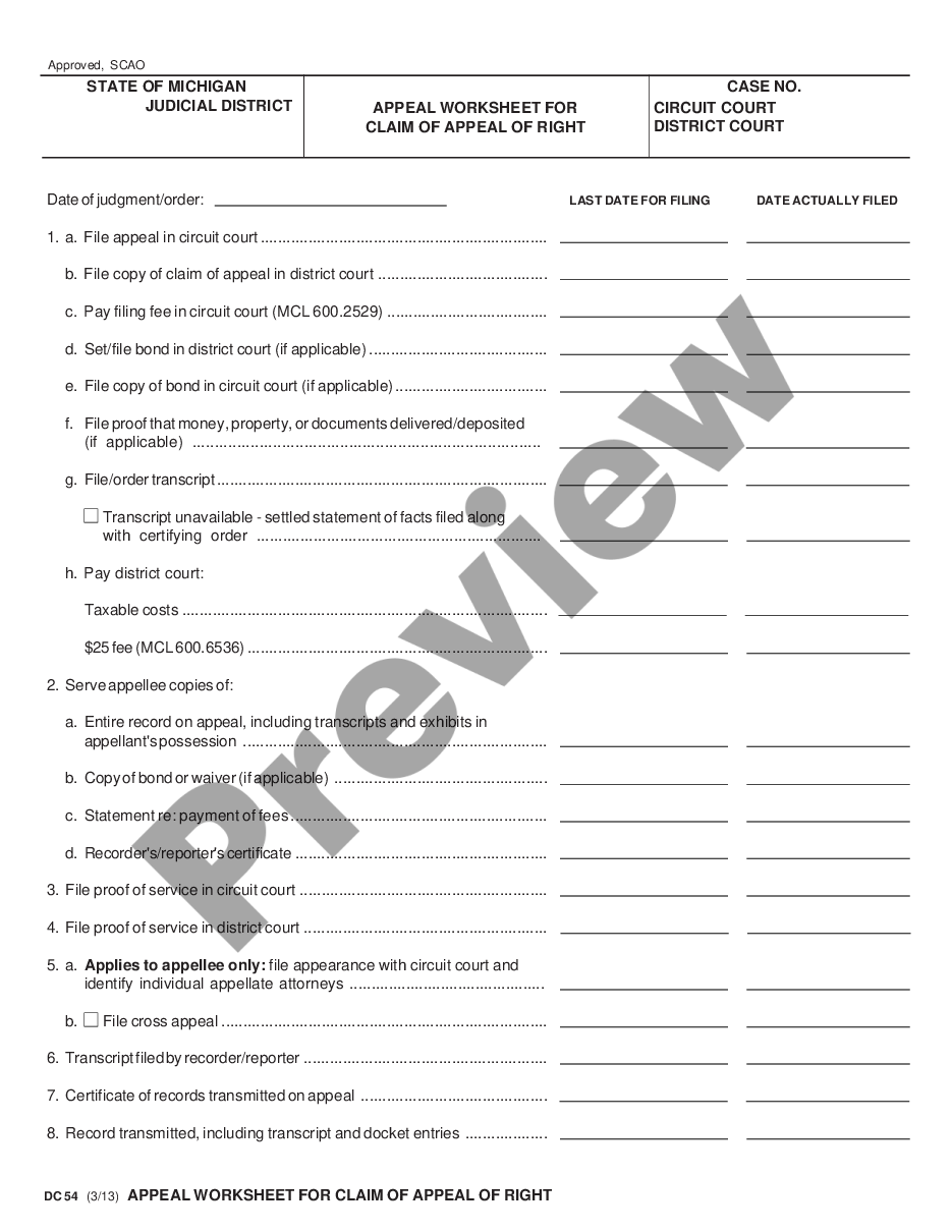 page 0 Appeal Worksheet for Claim of Appeal of Right preview