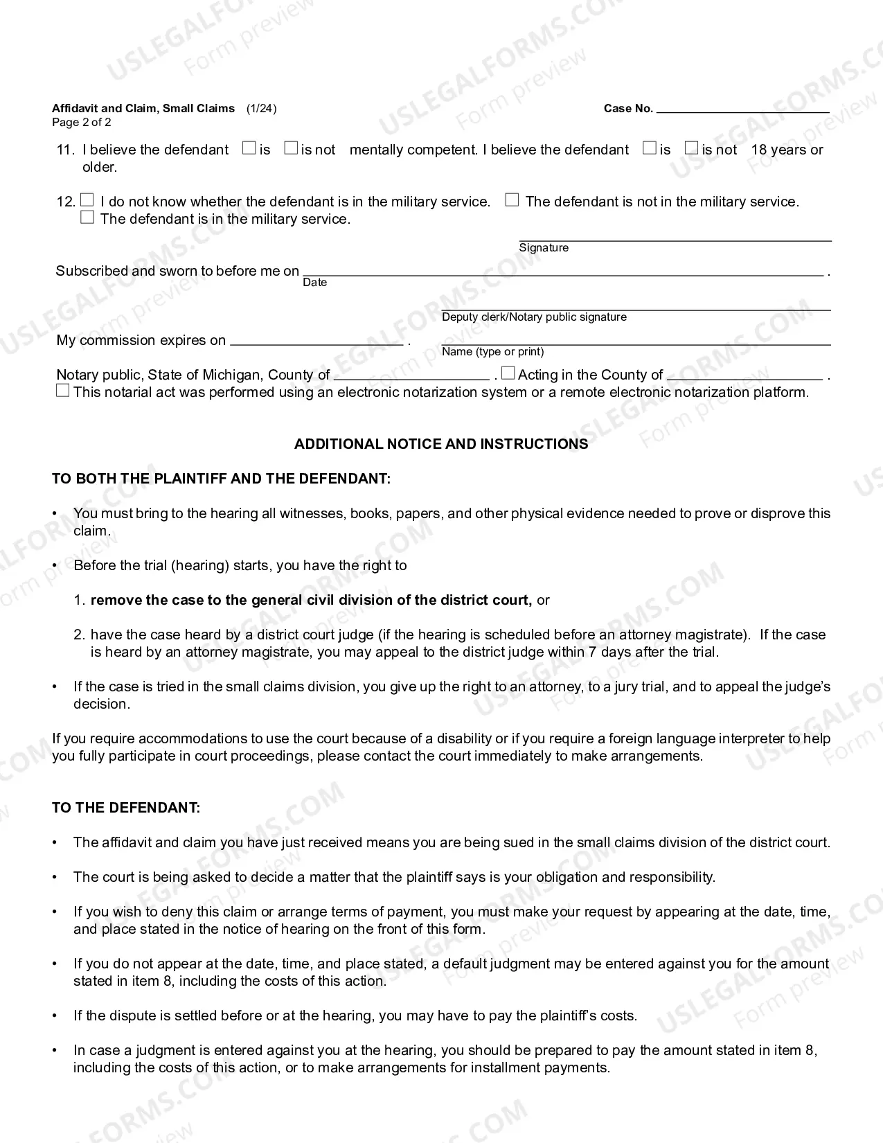 Preview Affidavit and Claim - Small Claims