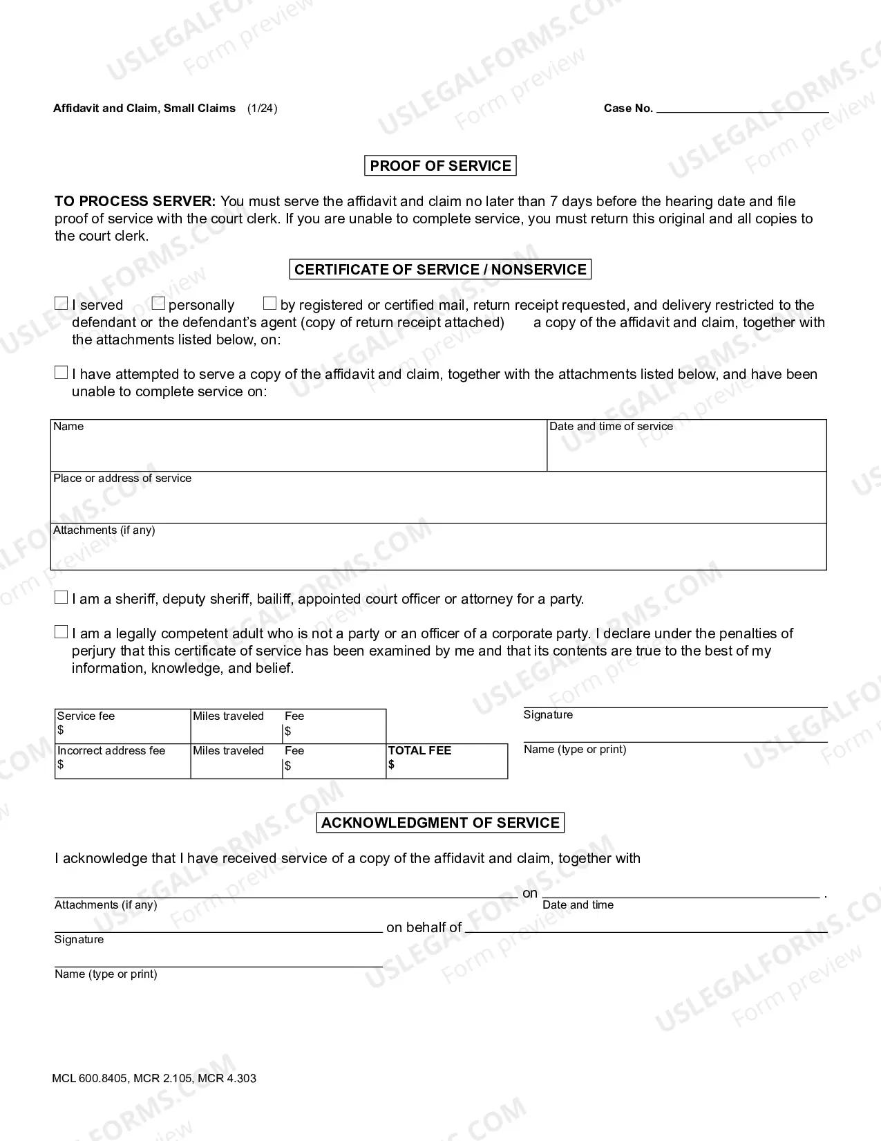 Preview Affidavit and Claim - Small Claims
