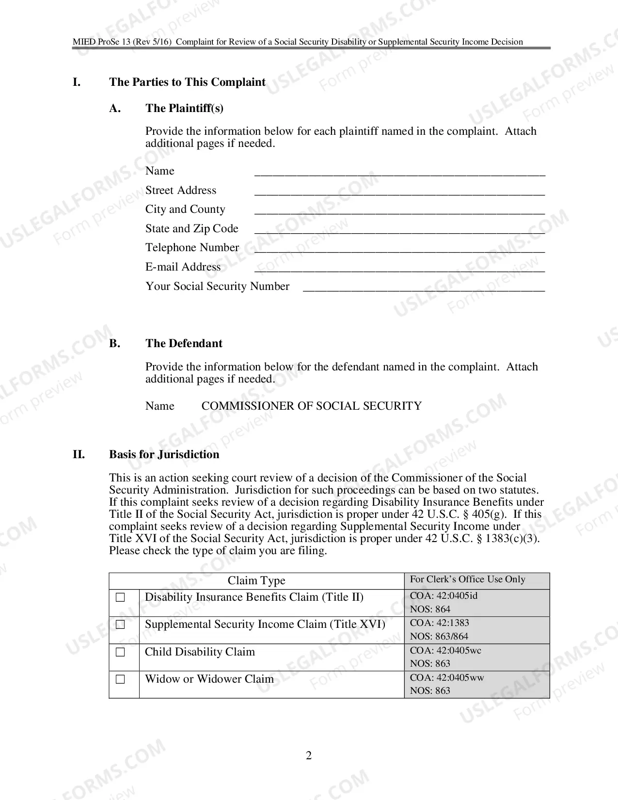 Preview Complaint For Review of A Social Security Disability