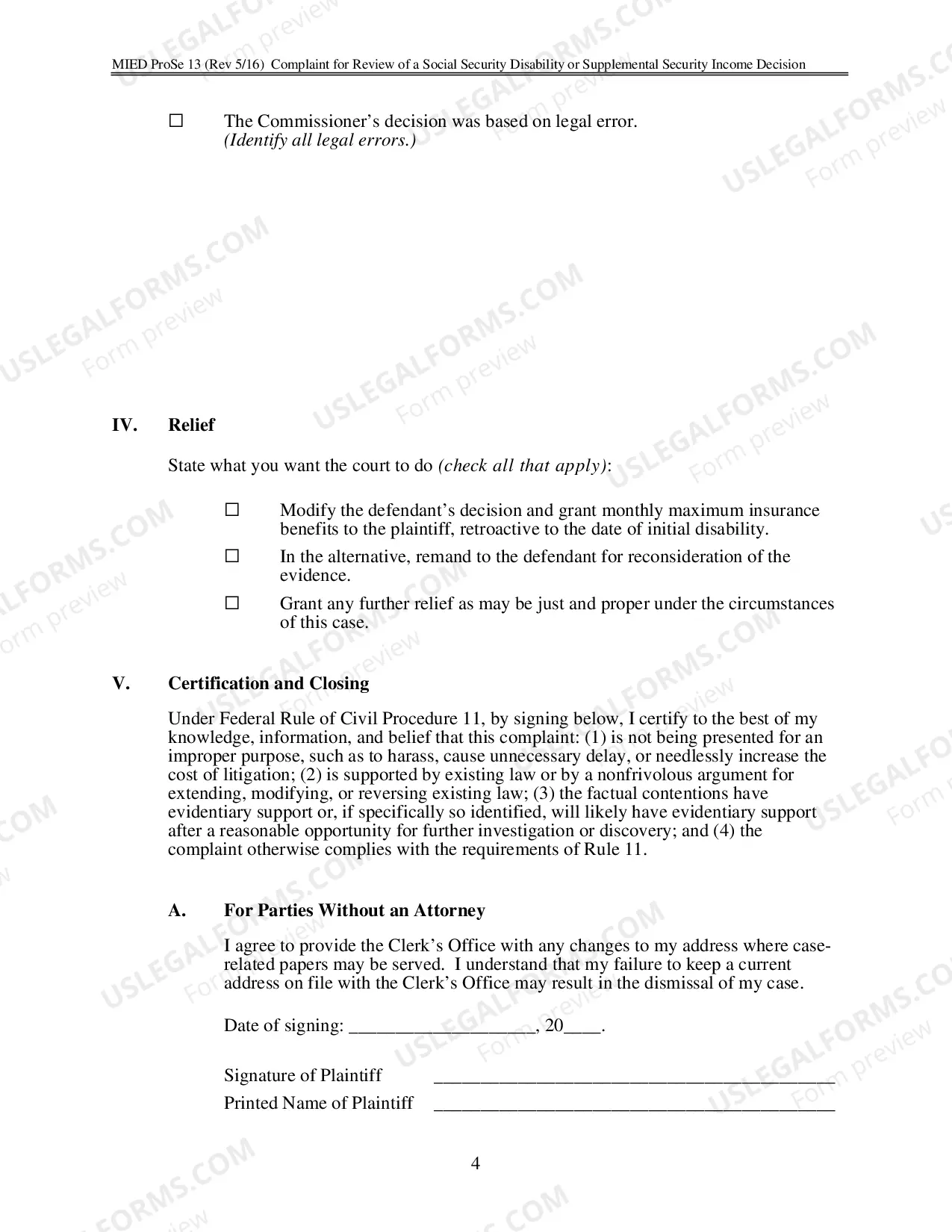 Preview Complaint For Review of A Social Security Disability