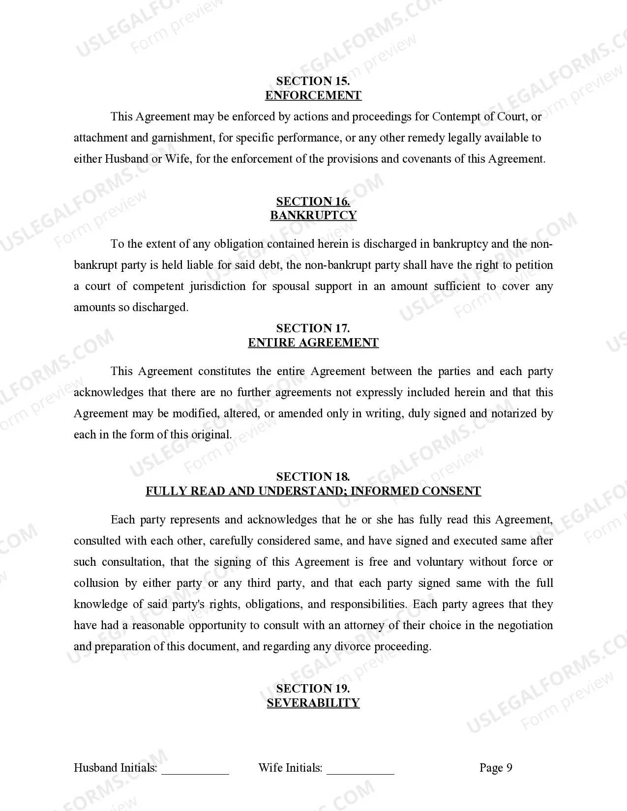 Preview Marital Domestic Separation and Property Settlement Agreement for persons with No Children, No Joint Property or Debts where Divorce Action Filed