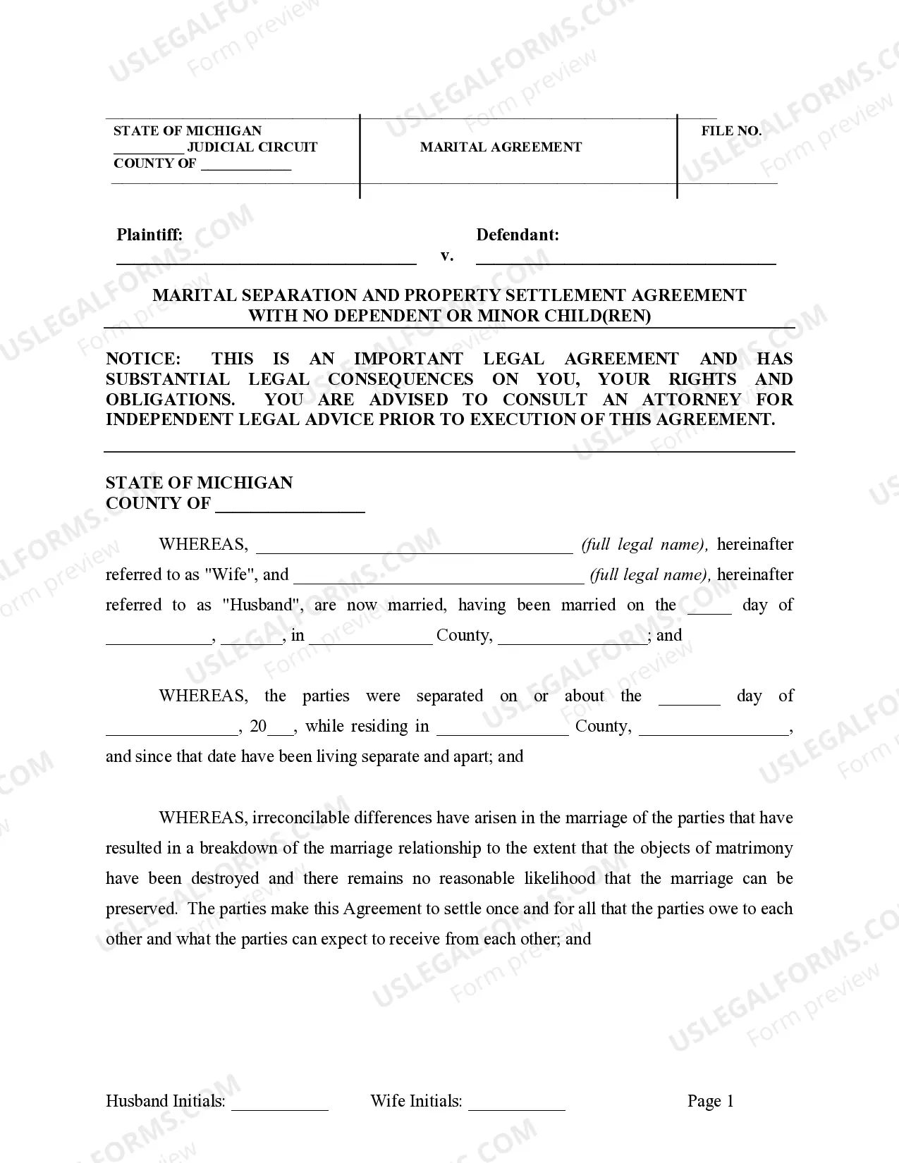 Preview Marital Domestic Separation and Property Settlement Agreement for persons with No Children, No Joint Property or Debts where Divorce Action Filed
