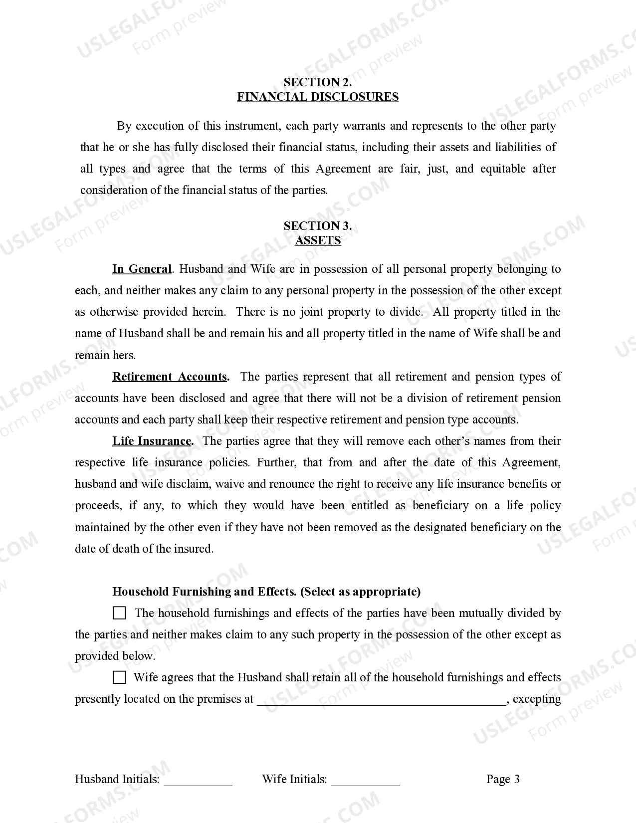 Preview Marital Domestic Separation and Property Settlement Agreement for persons with No Children, No Joint Property or Debts where Divorce Action Filed