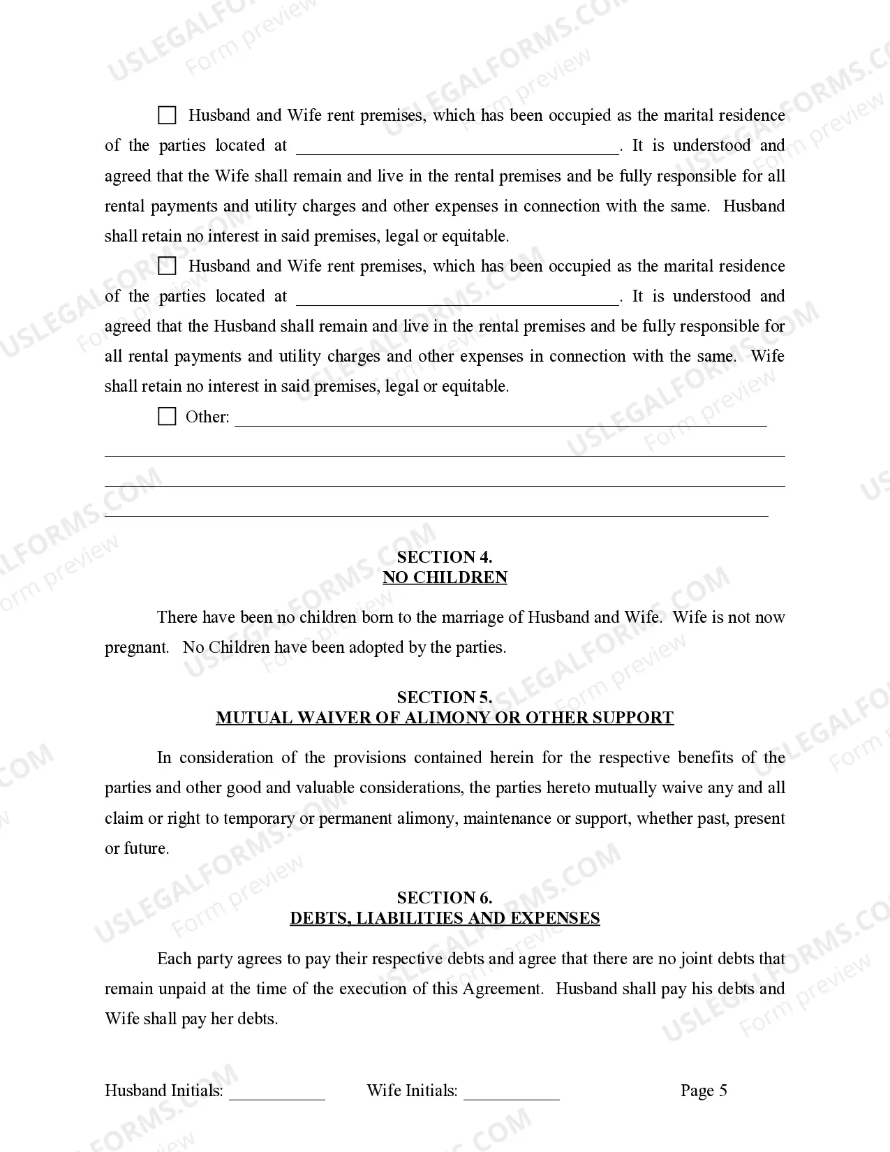 Preview Marital Domestic Separation and Property Settlement Agreement for persons with No Children, No Joint Property or Debts where Divorce Action Filed