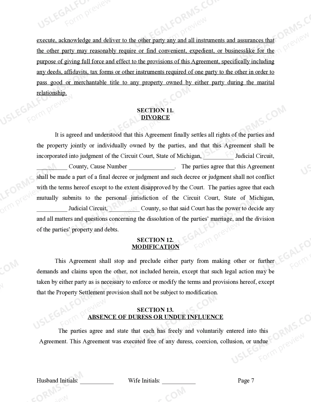 Preview Marital Domestic Separation and Property Settlement Agreement for persons with No Children, No Joint Property or Debts where Divorce Action Filed