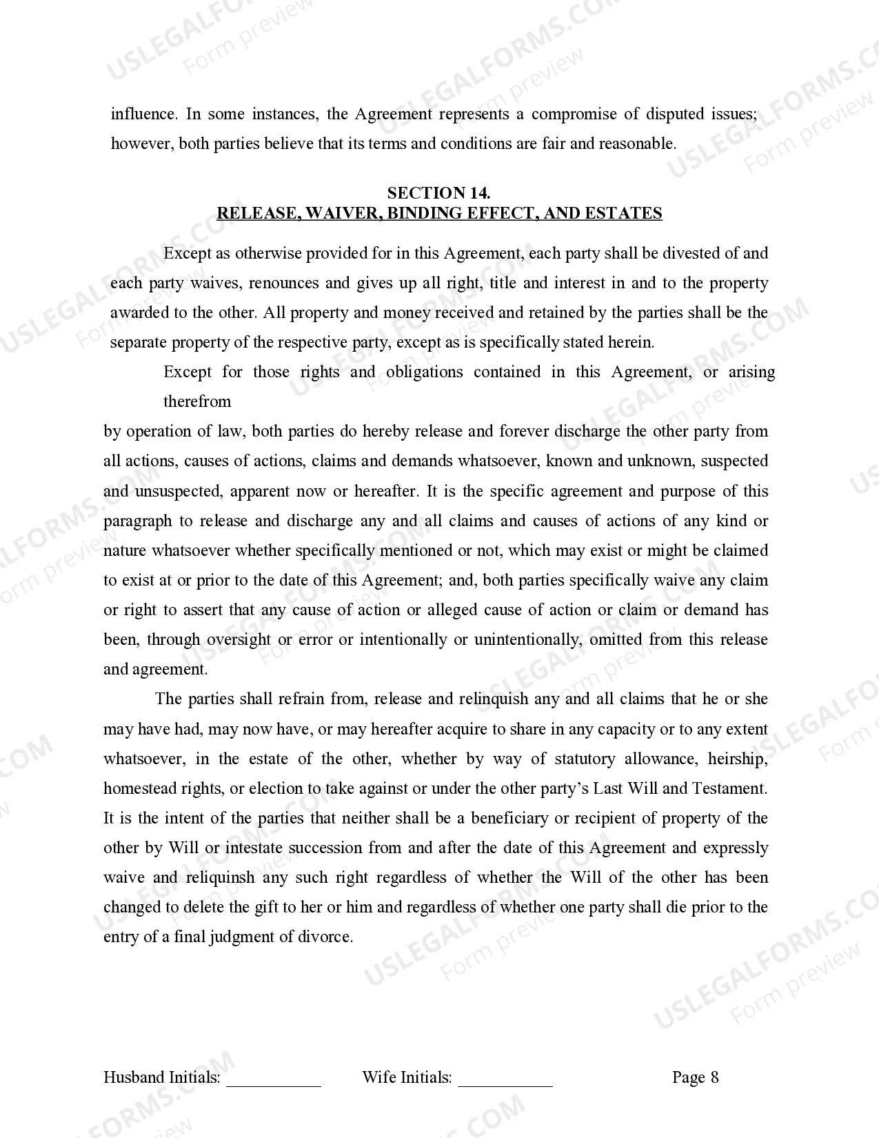 Preview Marital Domestic Separation and Property Settlement Agreement for persons with No Children, No Joint Property or Debts where Divorce Action Filed