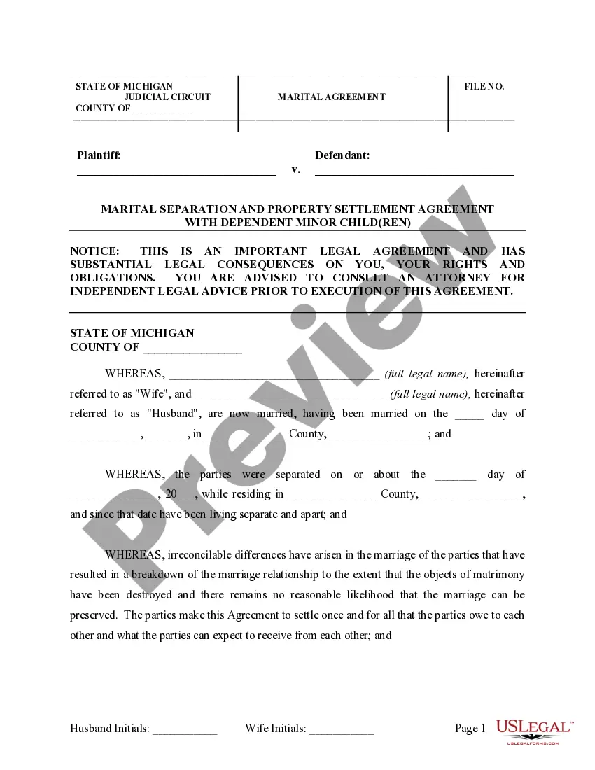 Preview Marital Domestic Separation and Property Settlement Agreement Minor Children no Joint Property or Debts where Divorce Action Filed