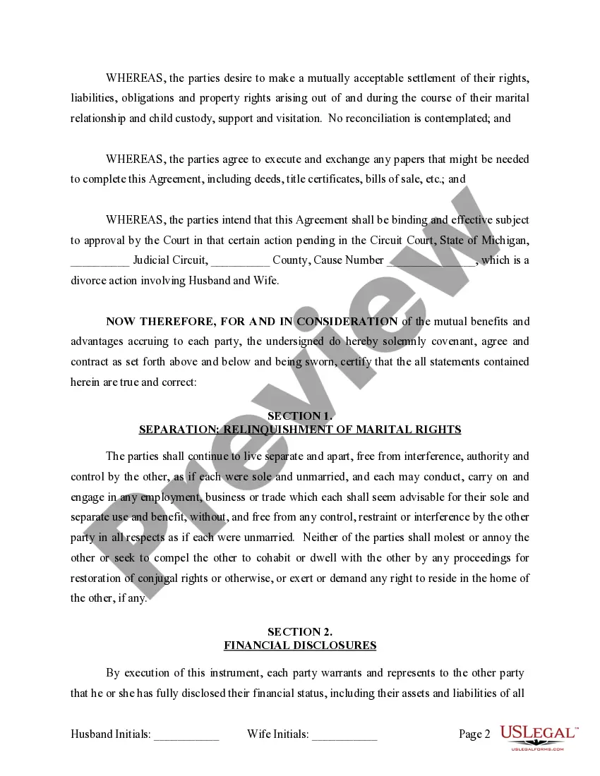 Preview Marital Domestic Separation and Property Settlement Agreement Minor Children no Joint Property or Debts where Divorce Action Filed