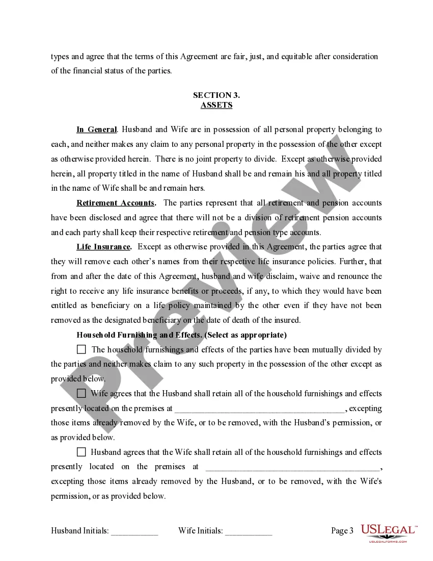 Preview Marital Domestic Separation and Property Settlement Agreement Minor Children no Joint Property or Debts where Divorce Action Filed